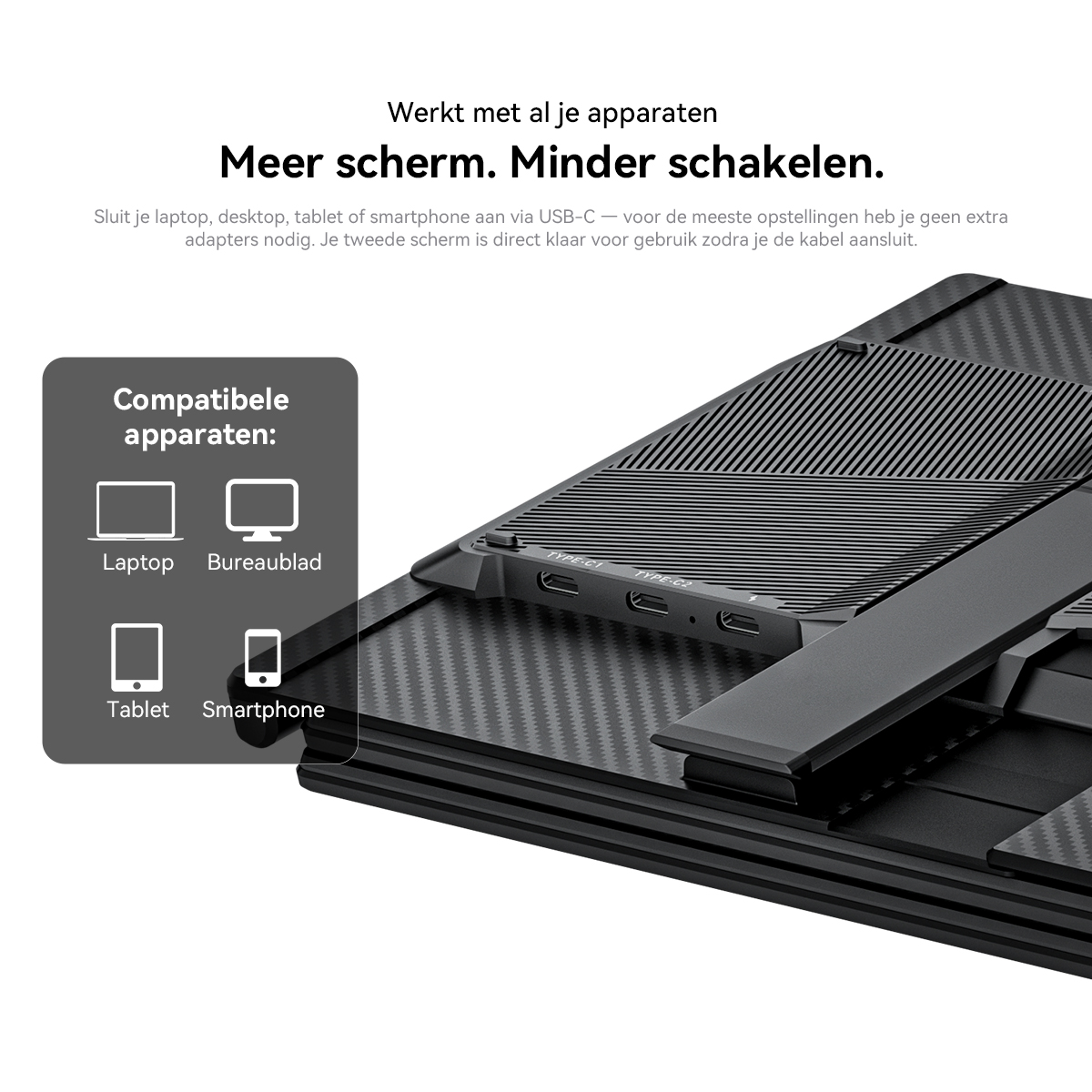 Zwarte laptopstandaard met USB-C poorten en compatibiliteitsiconen.