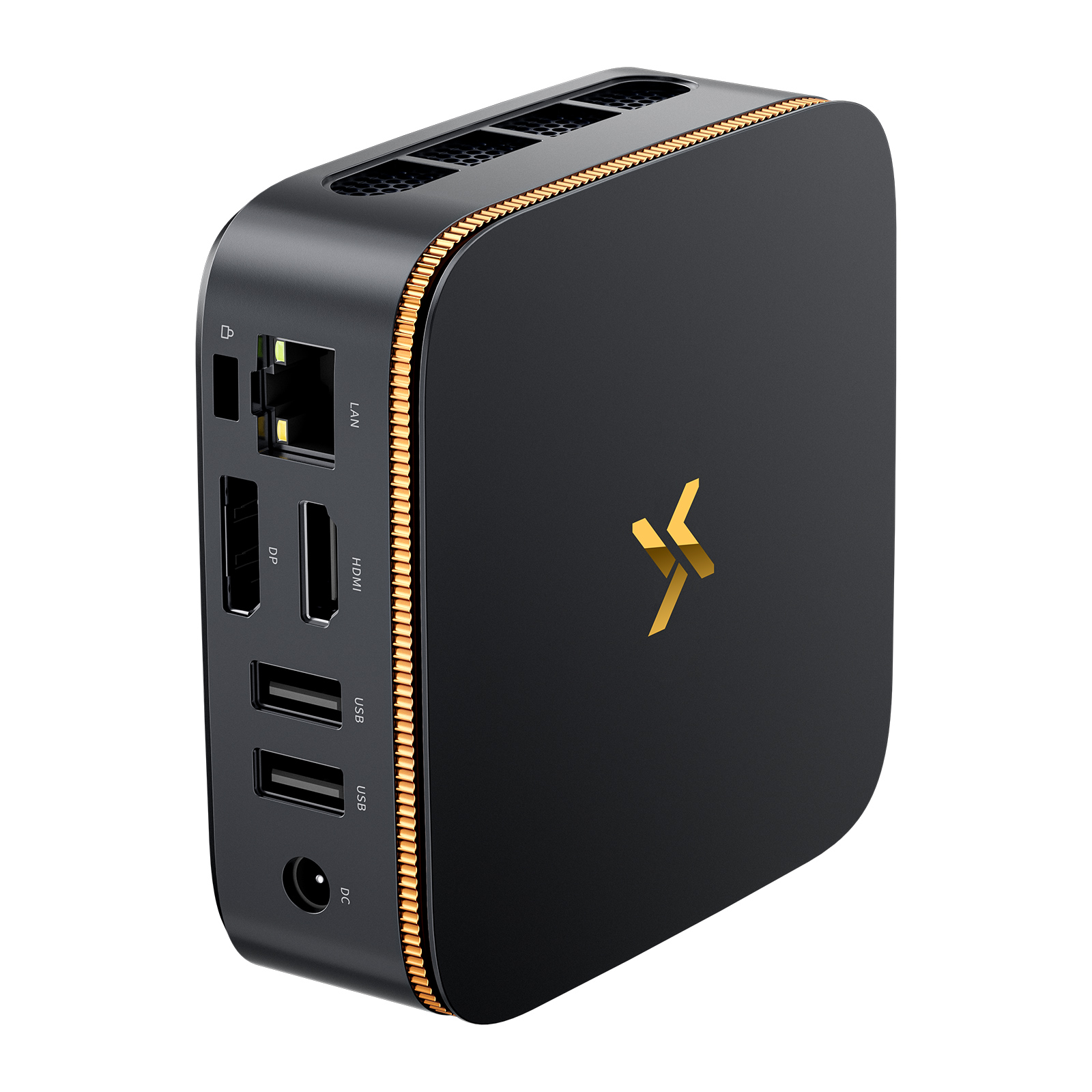 Un mini PC negro con detalles dorados y puertos en el lateral.