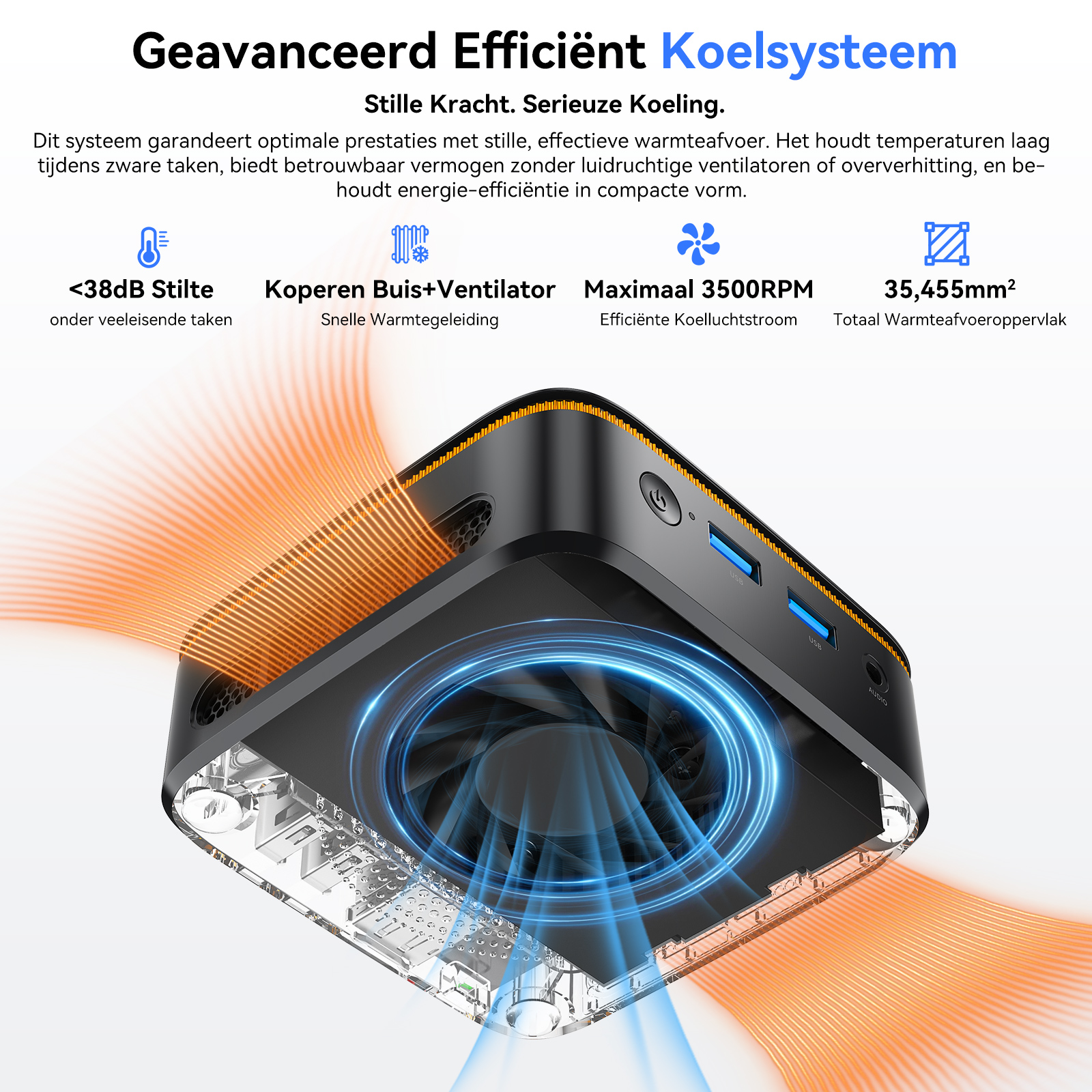 Geavanceerd koelsysteem met ventilator, koperen buizen, 3500 RPM en 35455 mm² oppervlak.