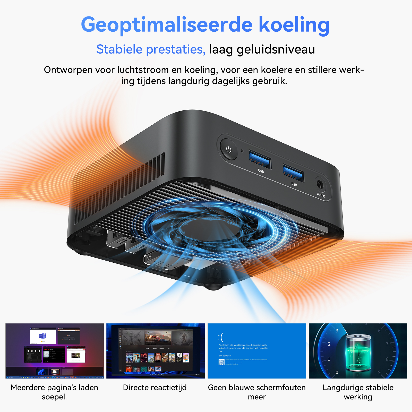 Compacte pc met ventilator, USB-poorten, audioaansluiting en koelingsvisualisatie.