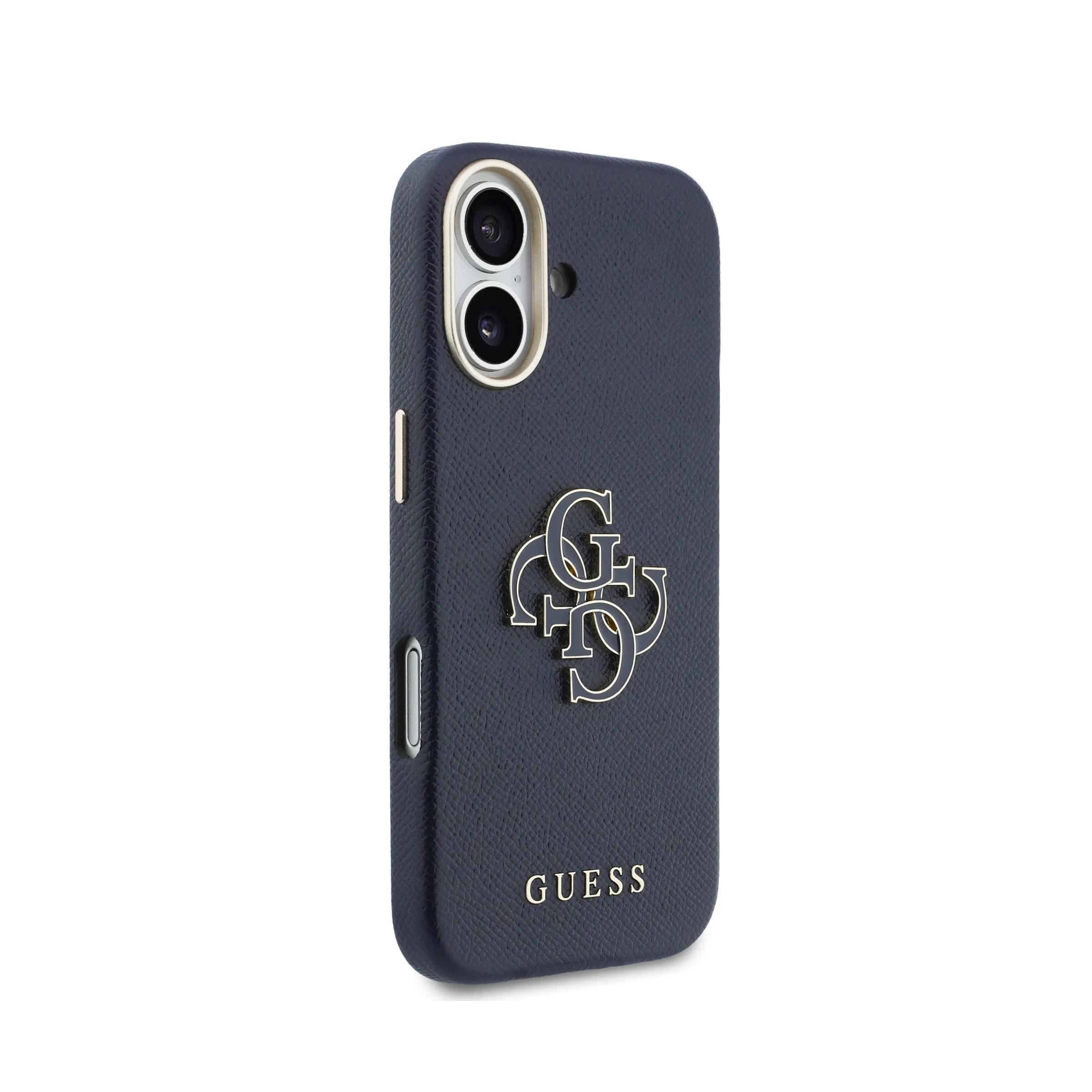 Funda azul oscuro para teléfono con logo GUESS y corte de cámara.