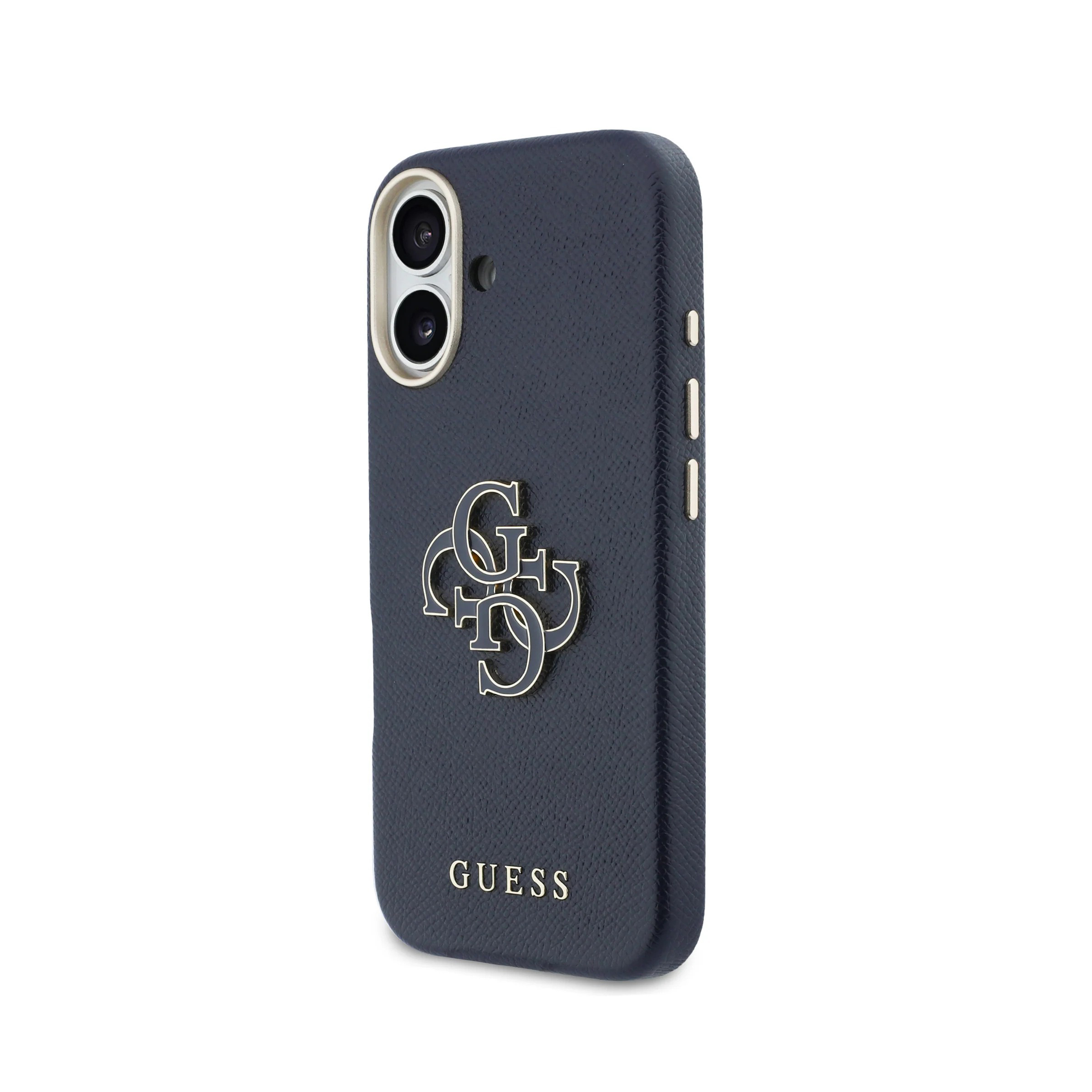 Funda de teléfono azul oscuro con logo y letras GUESS.