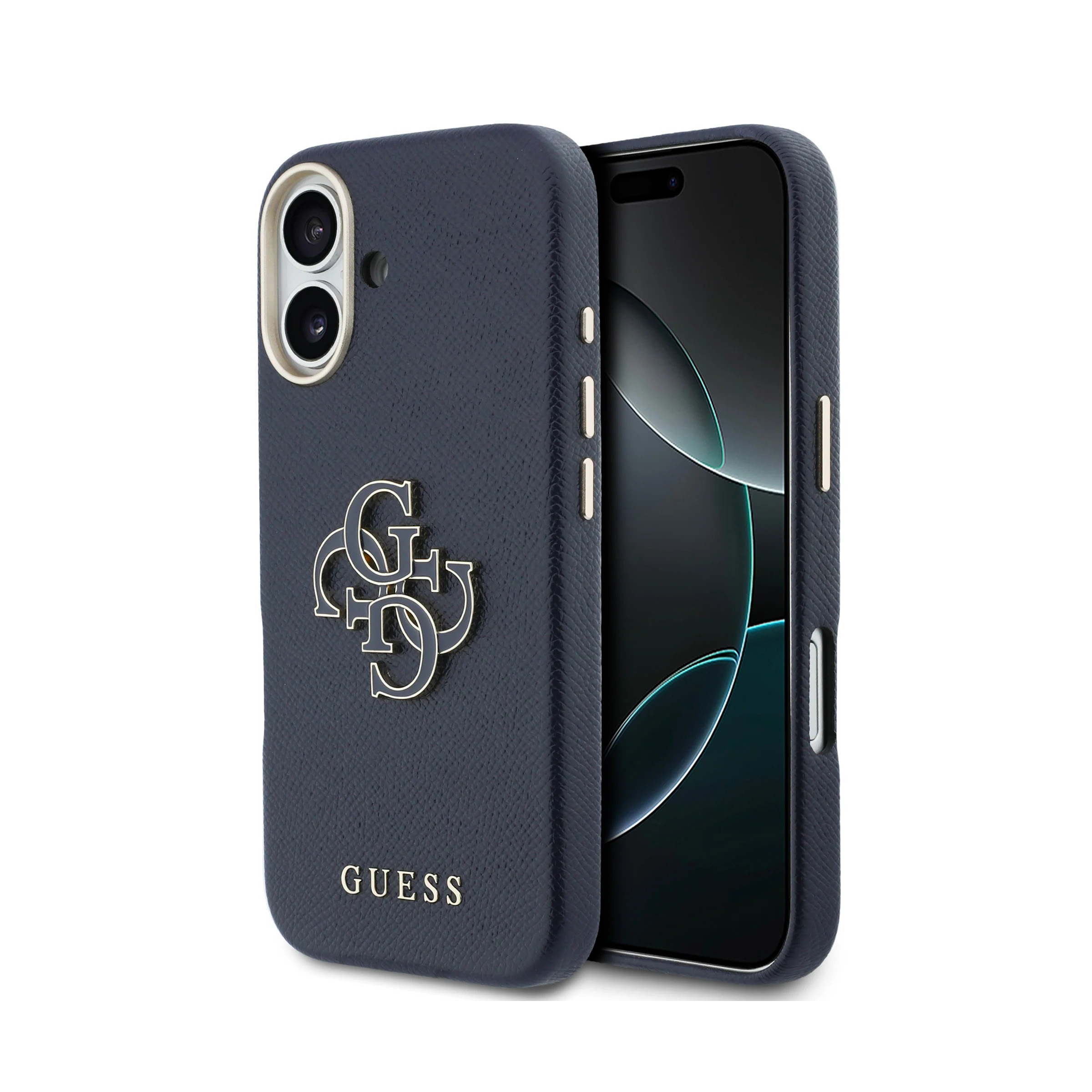 Funda de teléfono azul marino con logo de Guess y apertura de cámara.