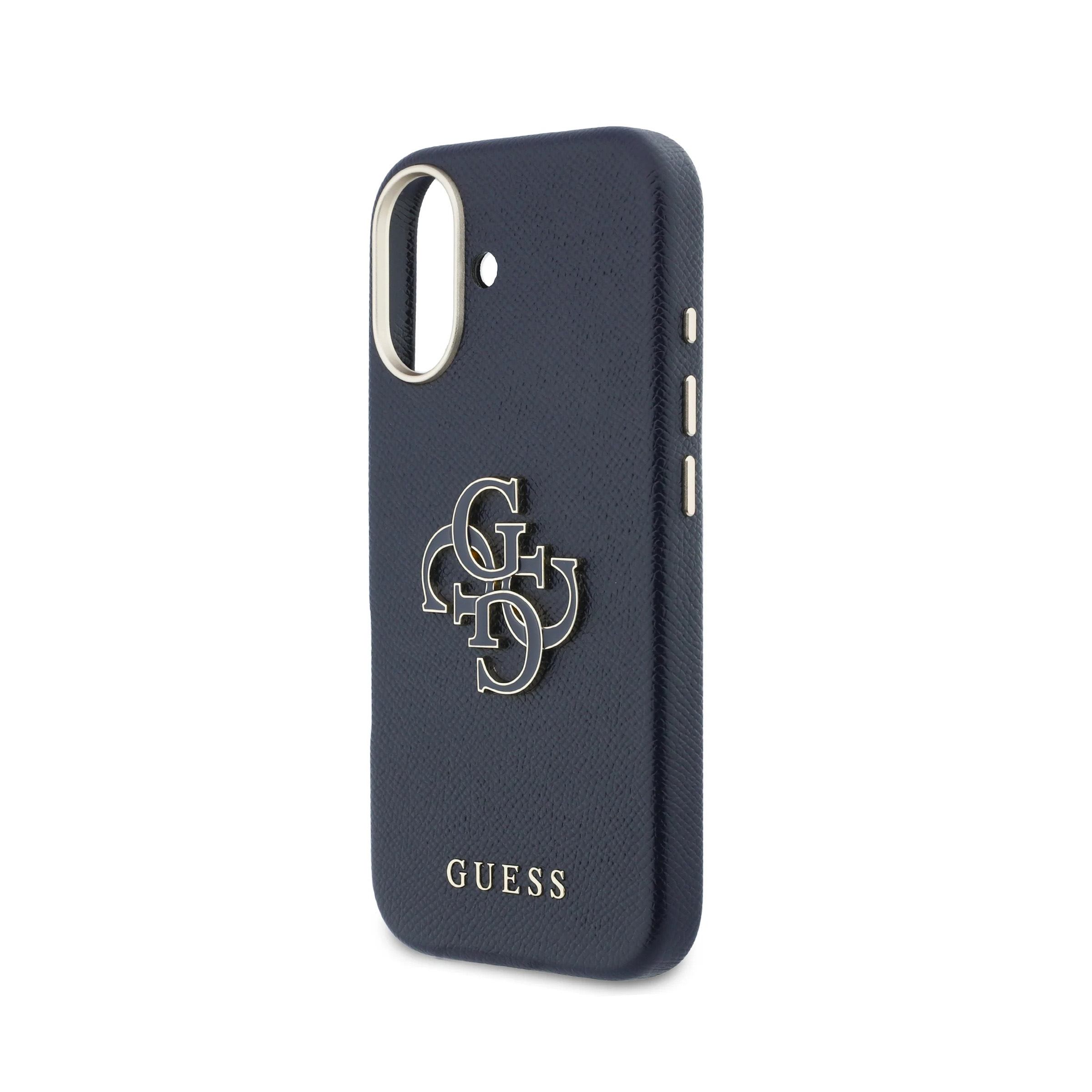 Funda de teléfono azul oscuro con logo y letras GUESS.