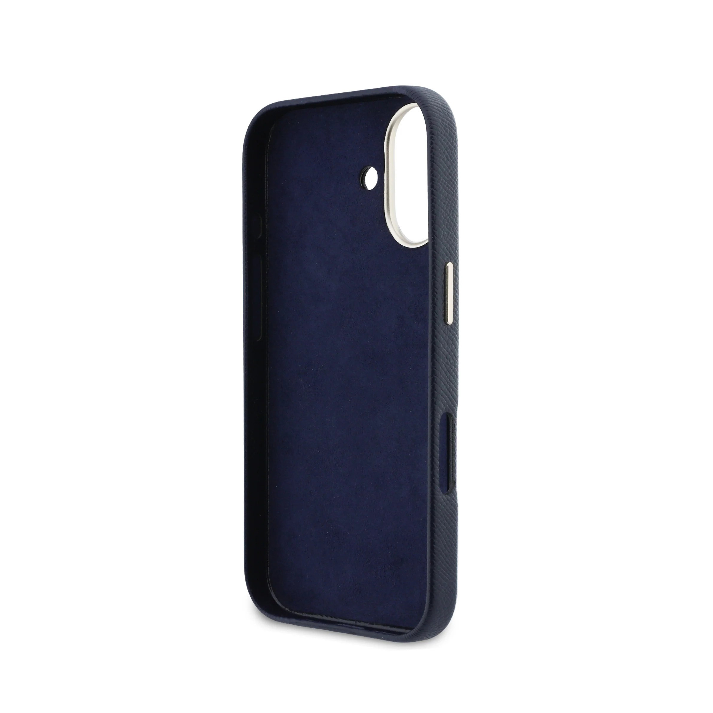 Una funda de teléfono azul oscuro con exterior texturizado e interior suave.