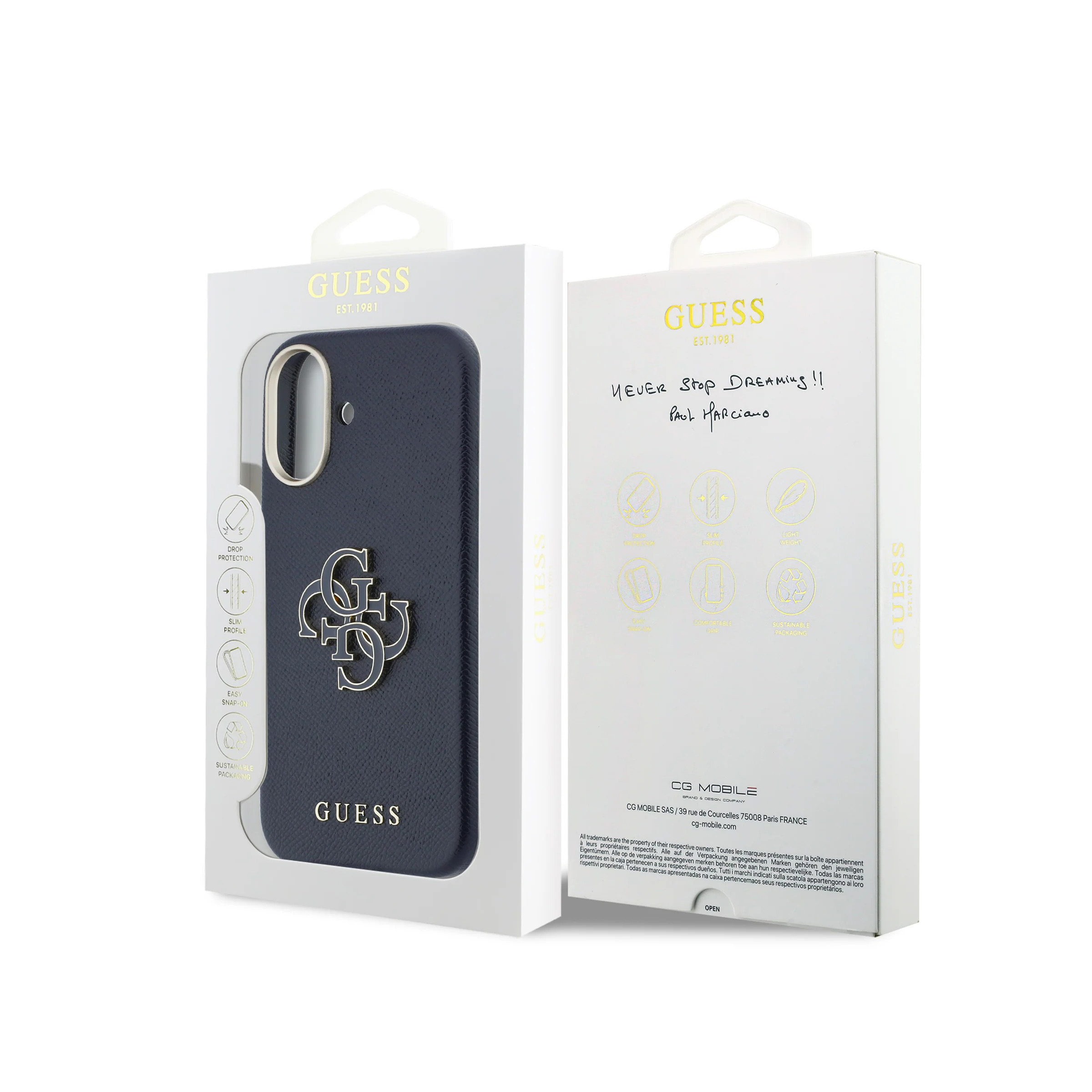 Una funda de teléfono azul oscuro con un logo de GUESS, junto a su embalaje de marca GUESS.