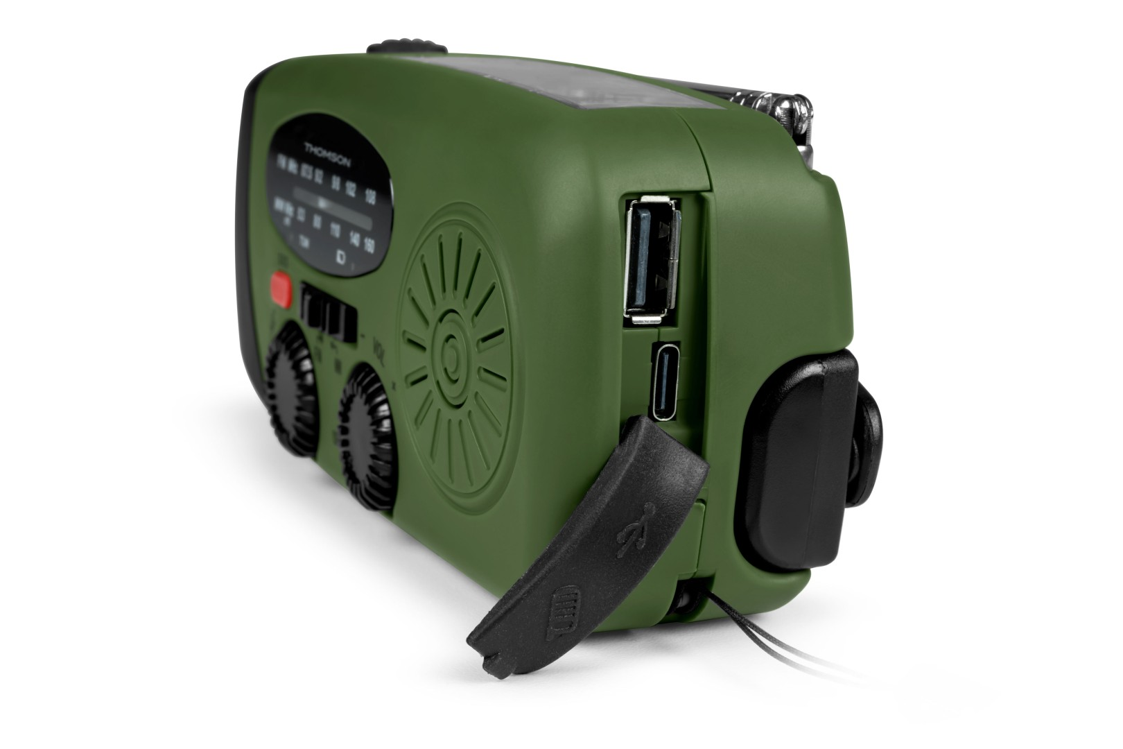 Zielone radio Thomson z portami USB, USB-C i korbką.