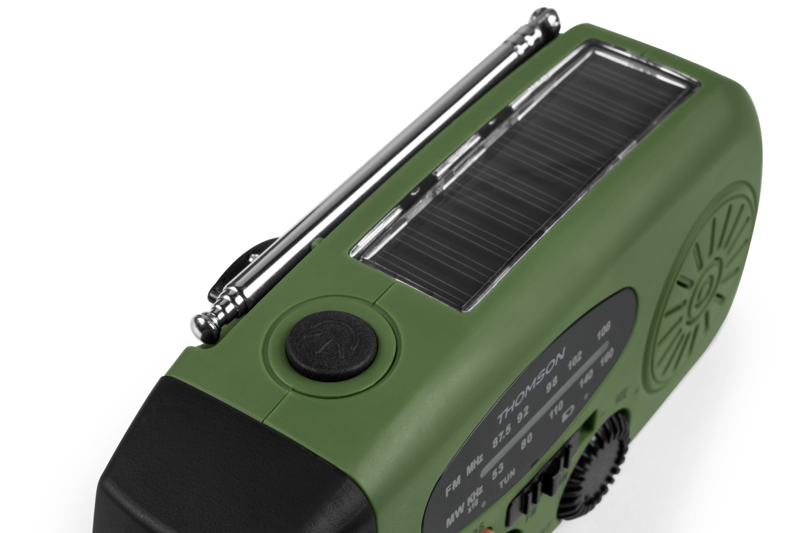 Zielone radio awaryjne z panelem słonecznym, anteną i pokrętłem.