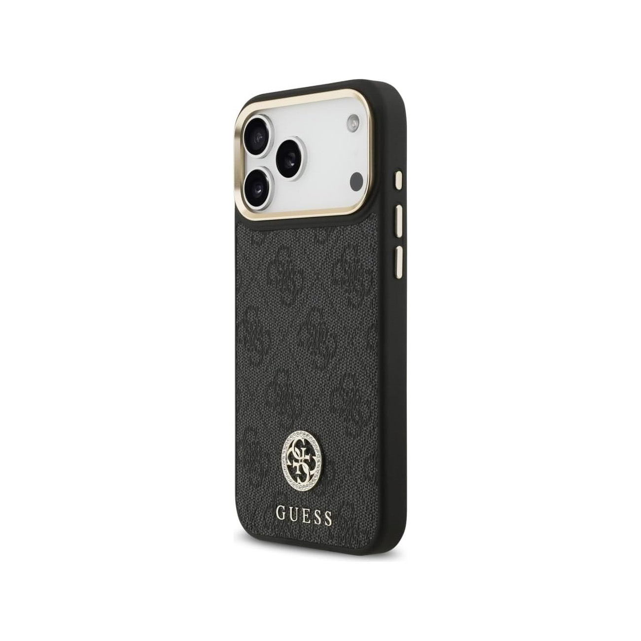 Funda negra para teléfono con logo GUESS y tres lentes de cámara.