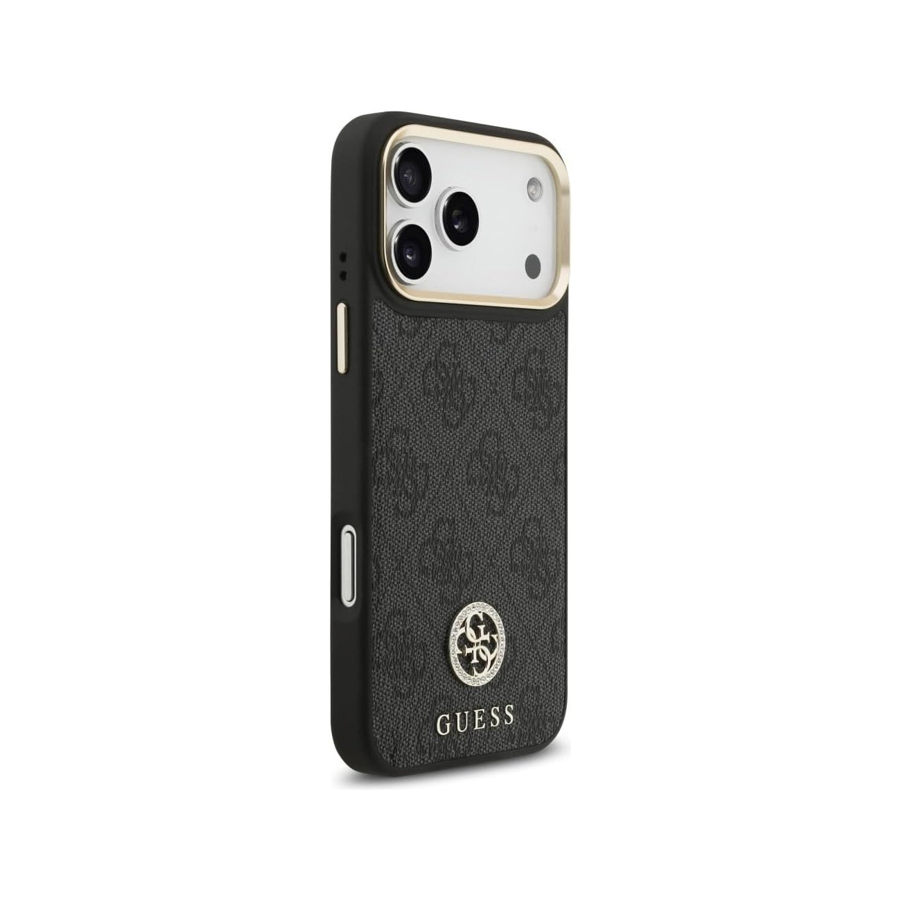 Una funda negra Guess para teléfono con borde dorado en la cámara y logo.
