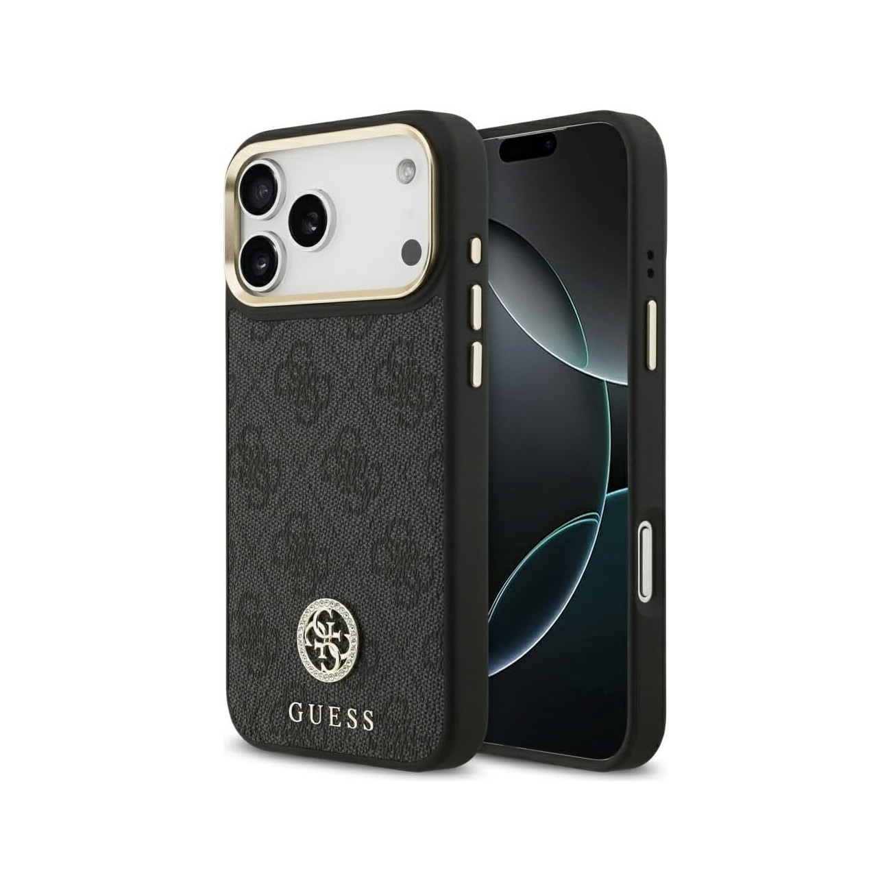 Funda de teléfono negra con logo Guess, borde de cámara dorado y estampado.