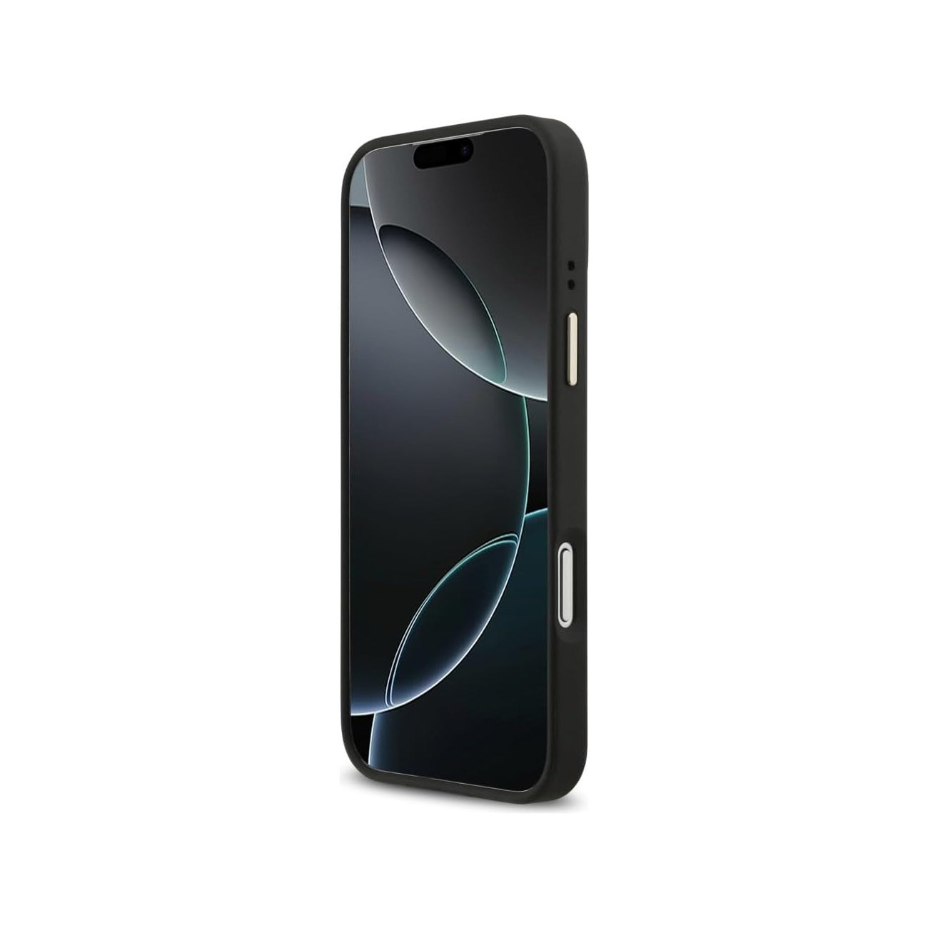 Teléfono inteligente negro en funda, de pie sobre fondo blanco.