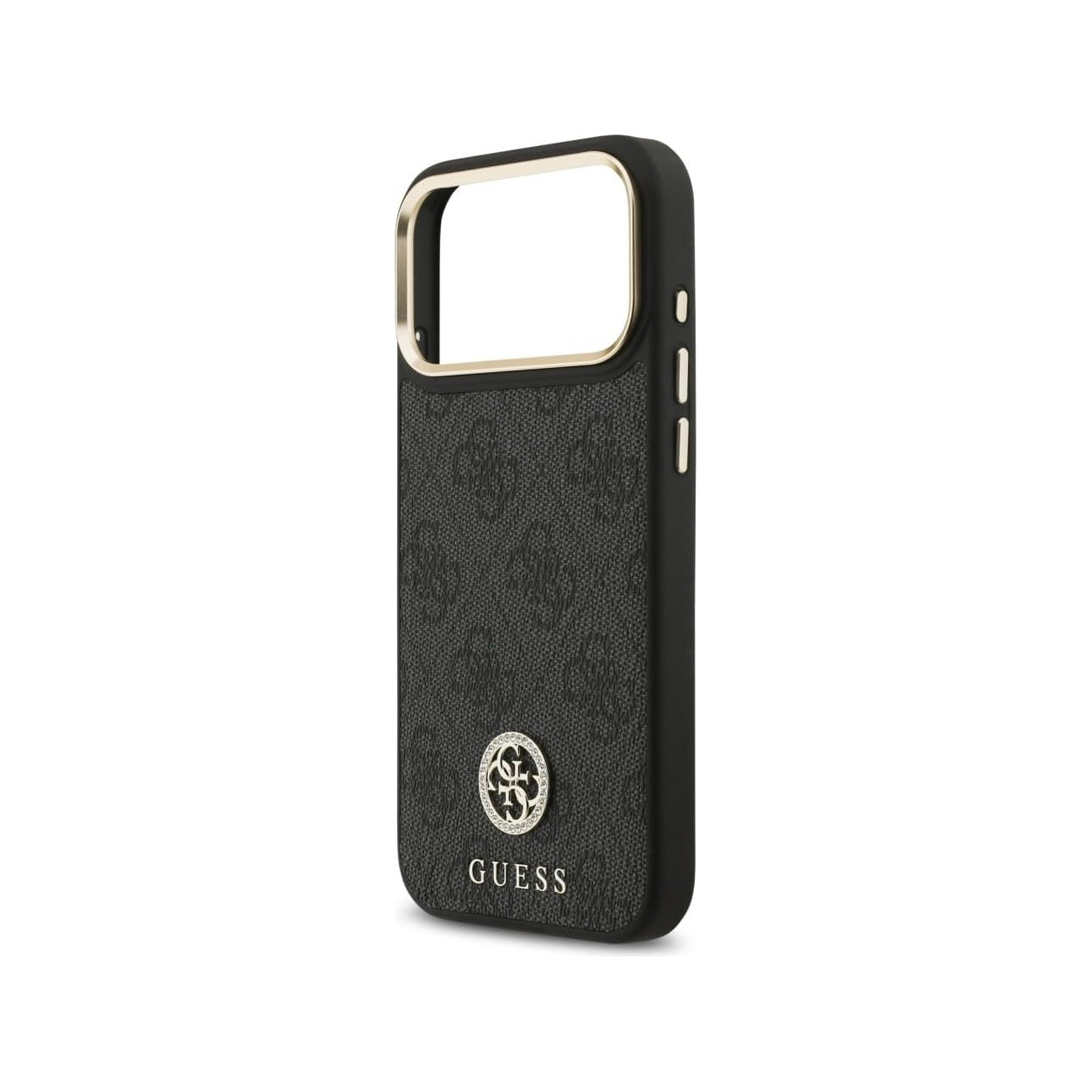 Funda negra para teléfono con logo GUESS y borde dorado.