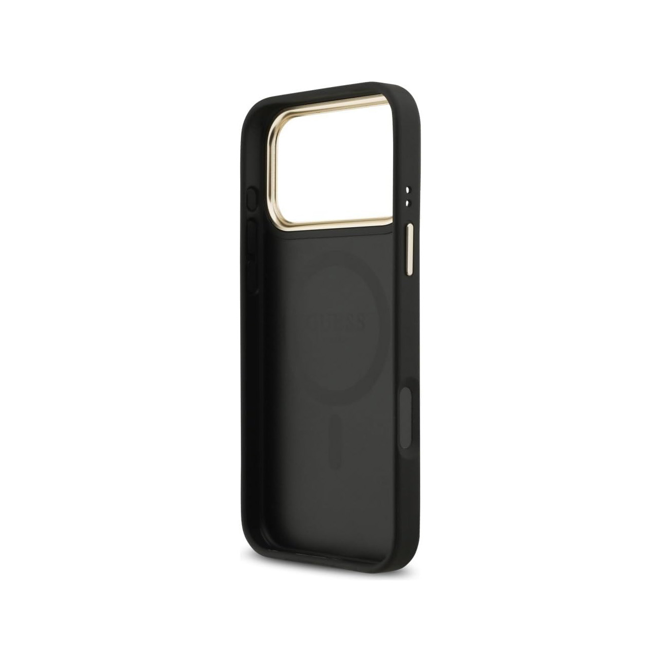 Funda de teléfono negra con borde dorado y logo sobre fondo blanco.