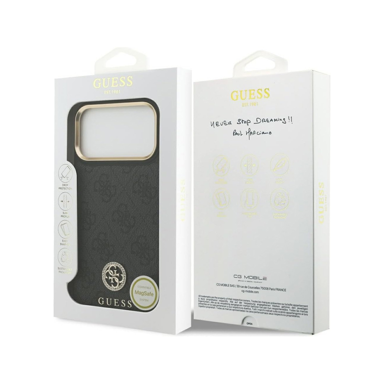 Funda Guess con MagSafe, estampado negro, borde dorado.