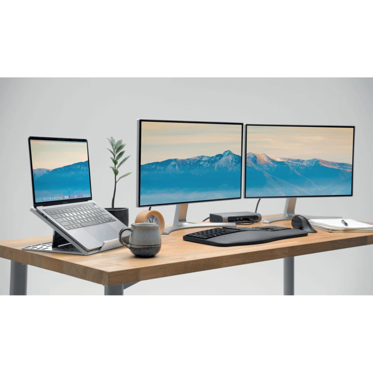 A desk with a laptop, two monitors, keyboard, mouse, mug, and a plant.