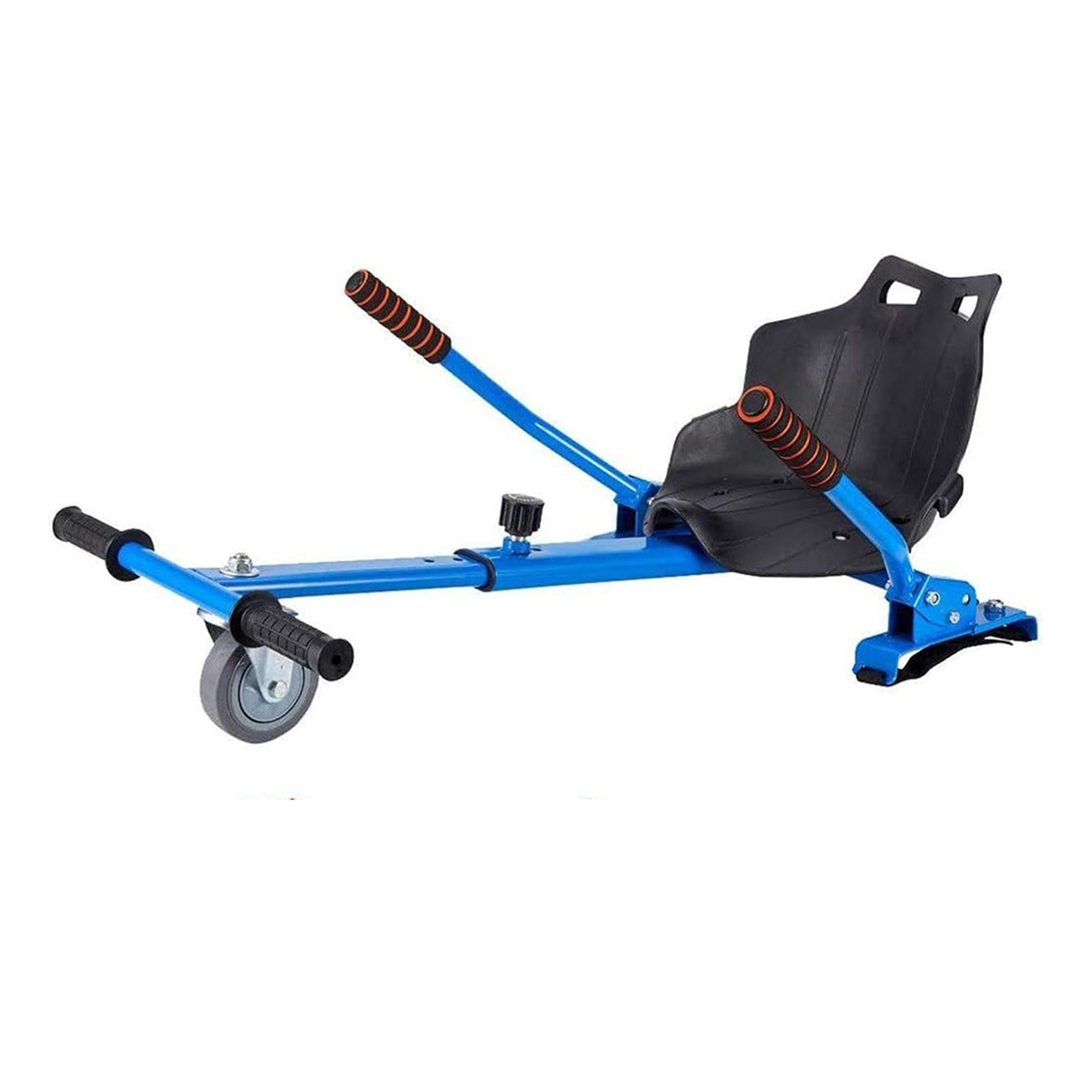 Siyah koltuklu ve tekerlekli mavi go-kart aksesuarı.