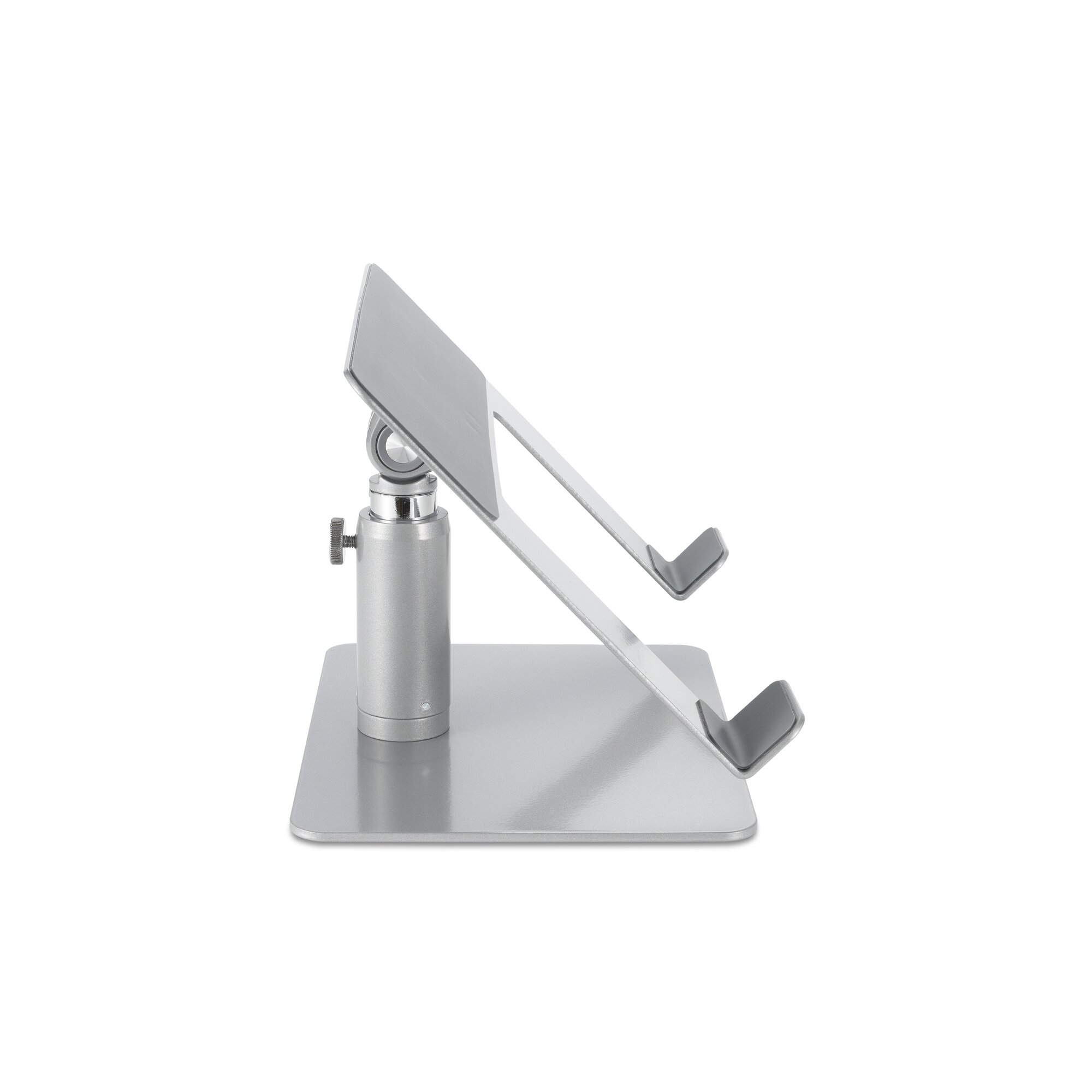 A silver laptop stand with an adjustable arm and a swivel base.