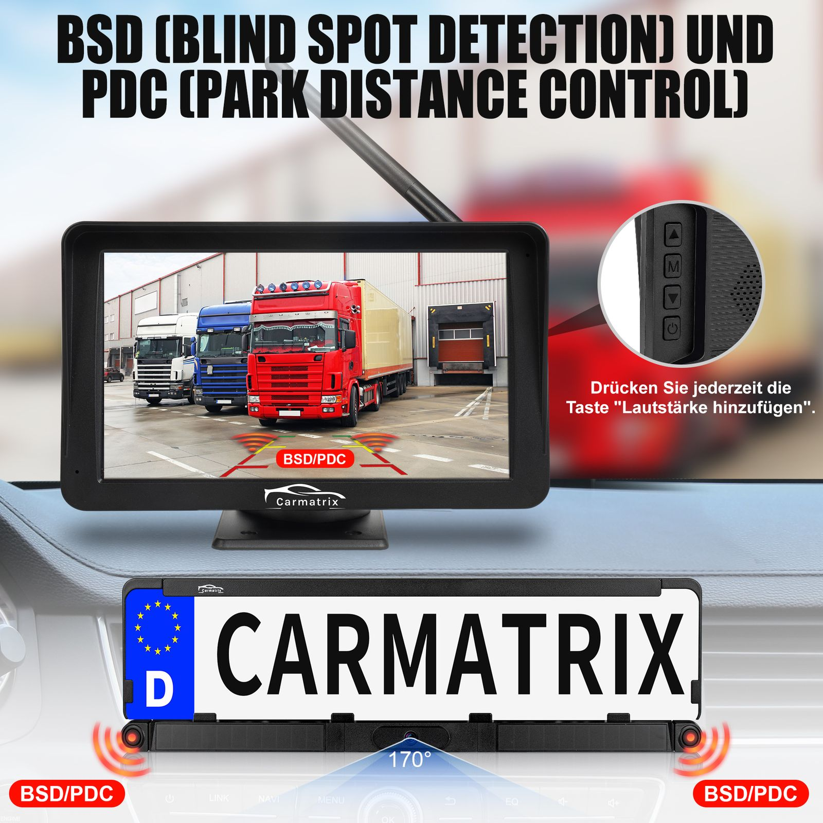 Ein Bildschirm zeigt LKW mit BSD/PDC-Markierungen. Eine Kennzeichenhalterung ist unten.