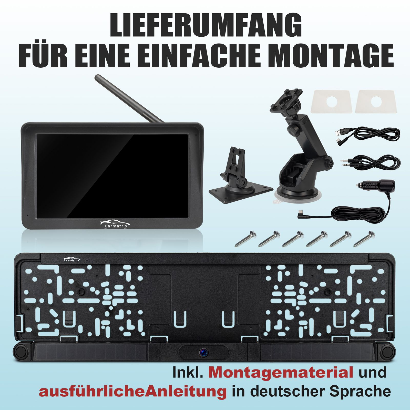 Lieferumfang für einfache Montage: Monitor, Kennzeichenhalterung, Halterung, Kabel, Schrauben.
