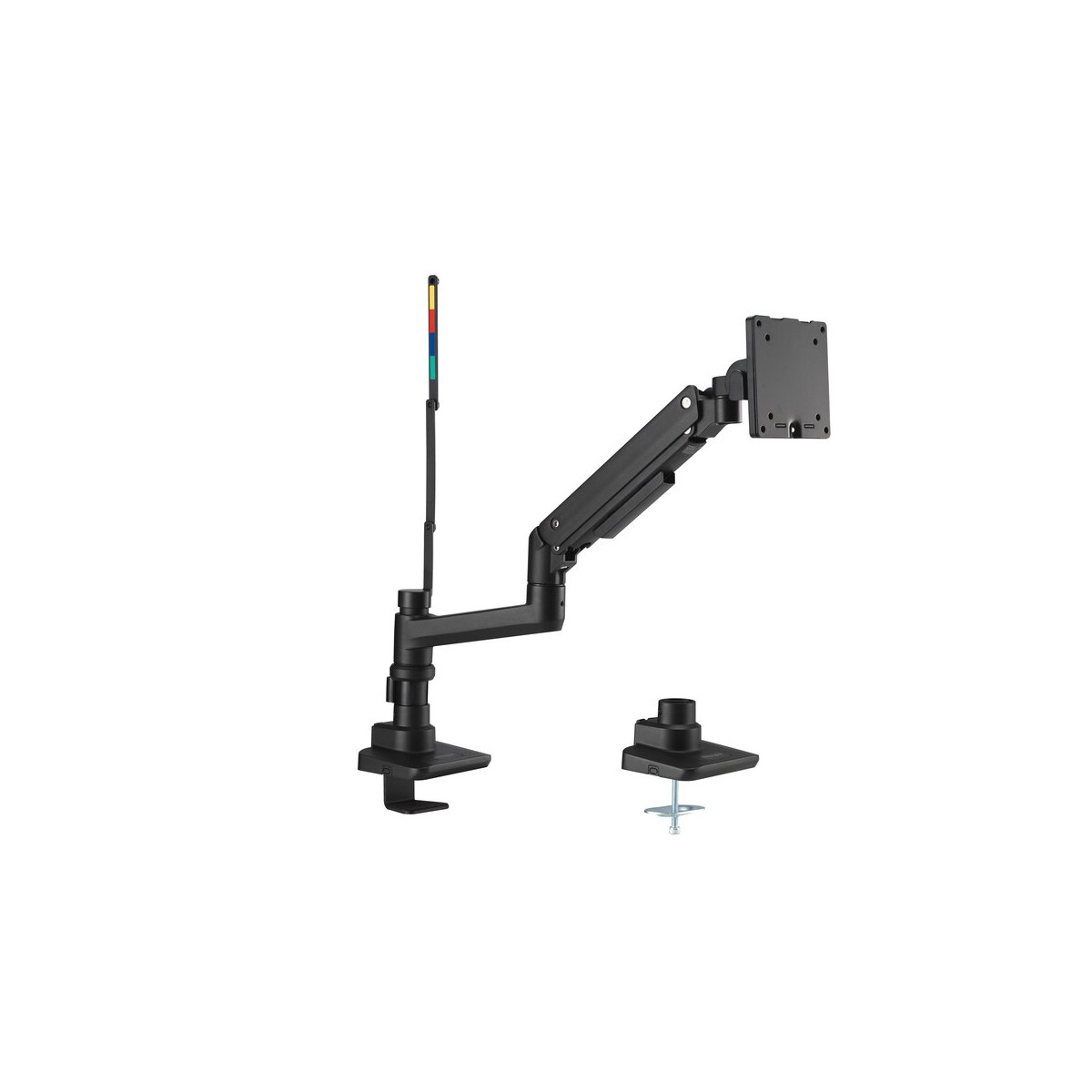 Bras de moniteur noir avec pince de bureau et support de base séparé.