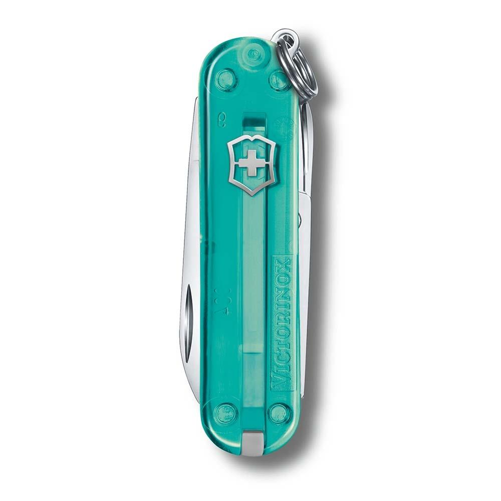Gümüş anahtarlıklı turkuaz Victorinox çakı.