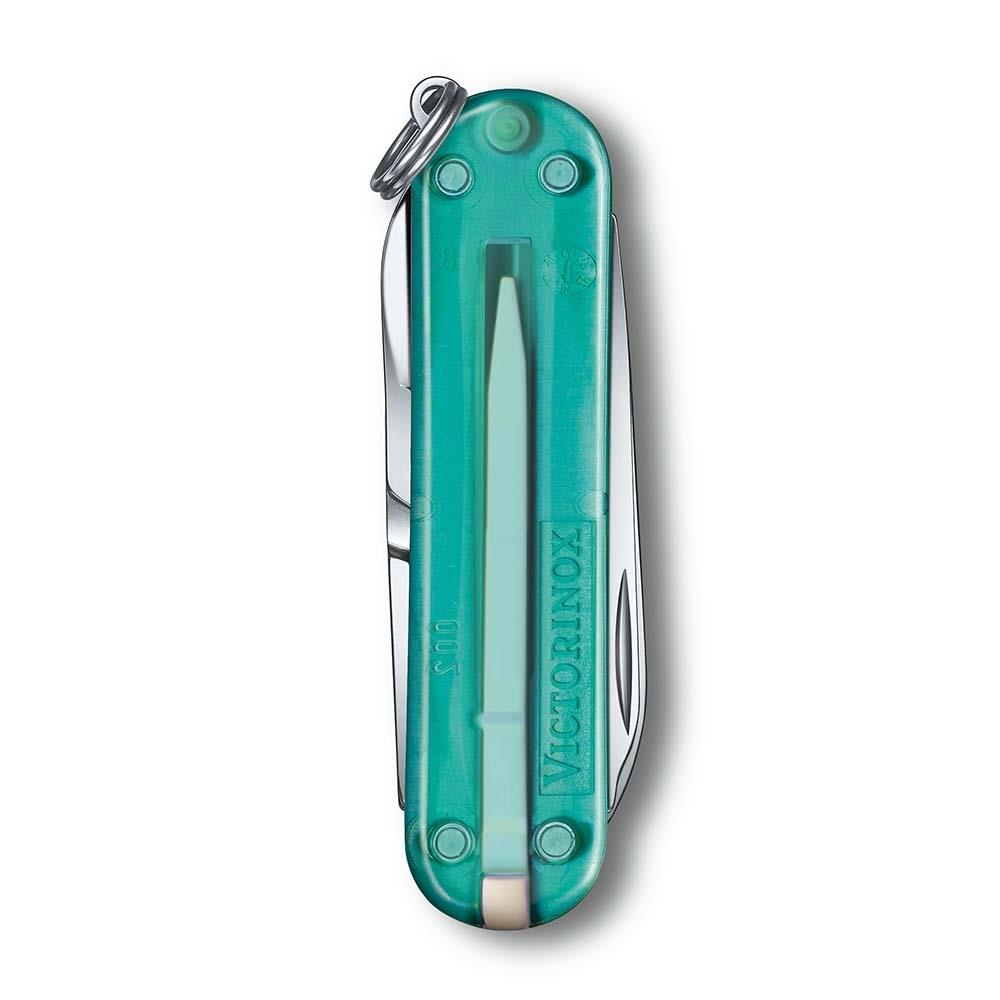 Anahtarlıklı şeffaf yeşil Victorinox çakı.