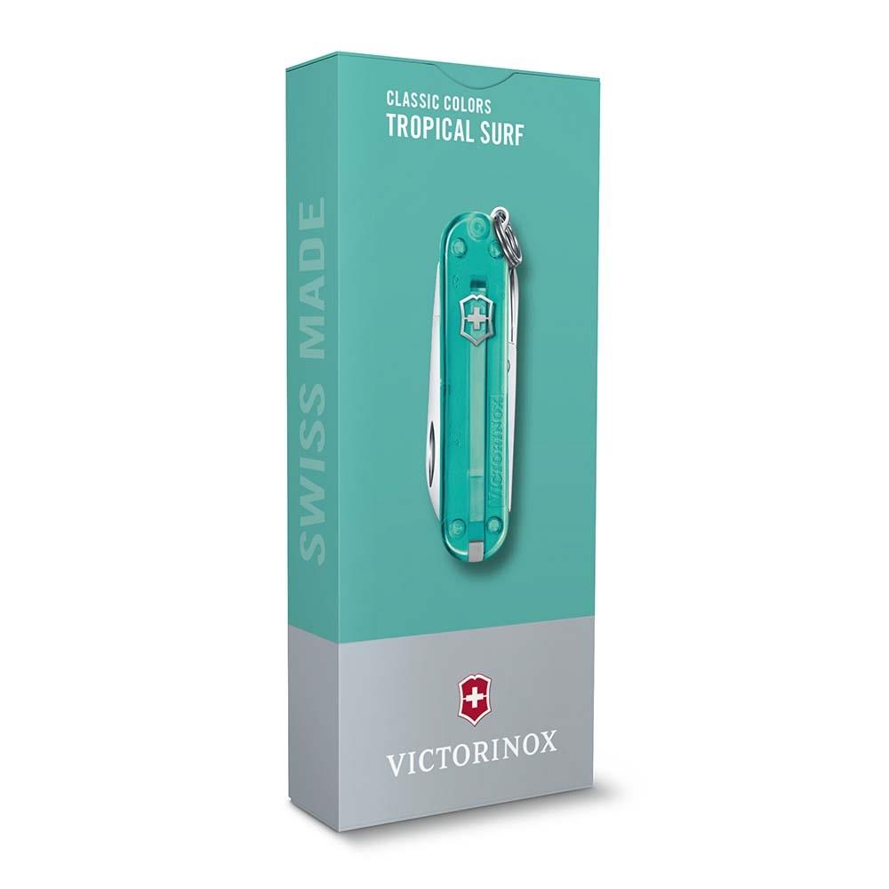Gümüş ve gri tasarımlı, turkuaz renkli Victorinox çakı ambalajı.