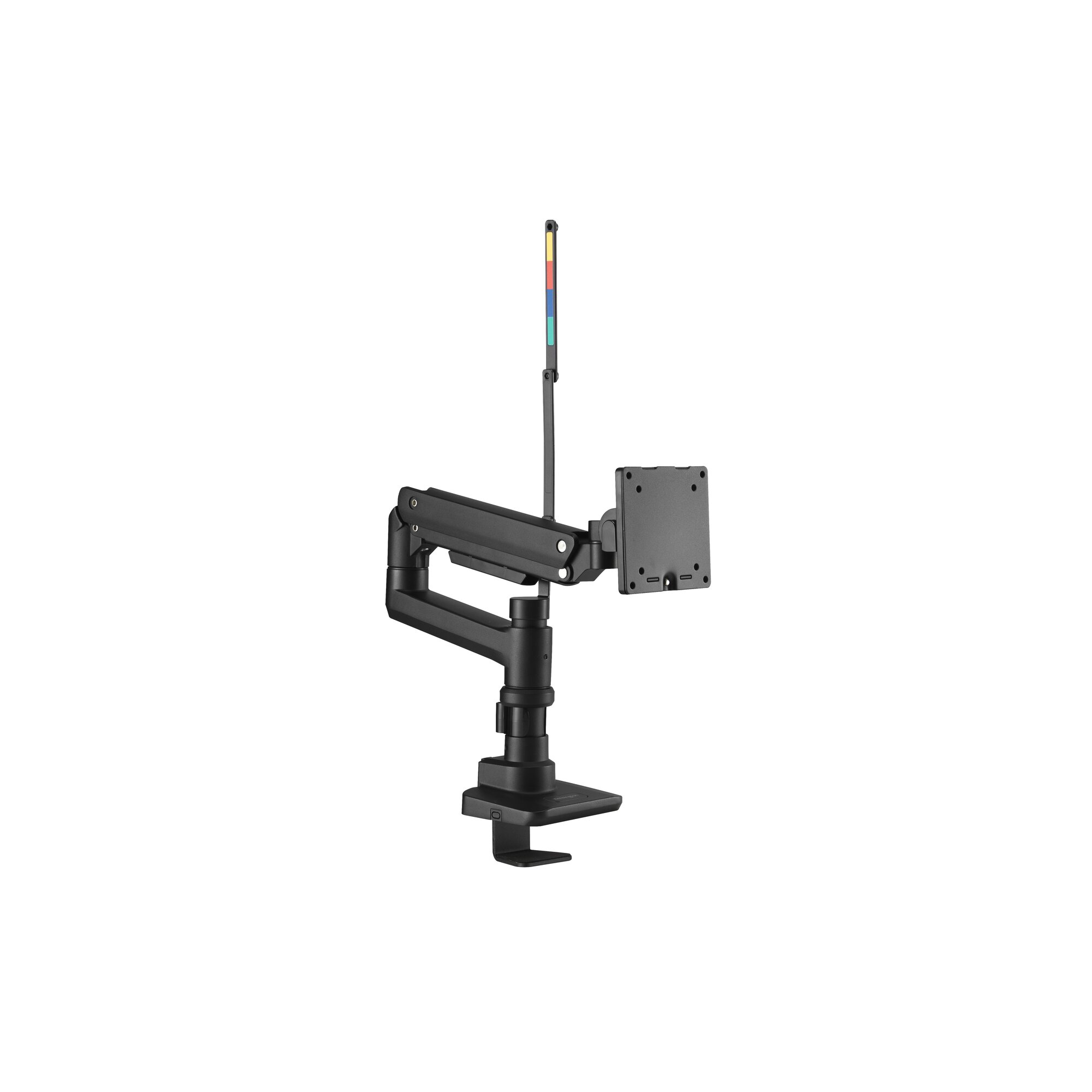 Un bras de moniteur noir avec une base à pince et des marqueurs colorés.