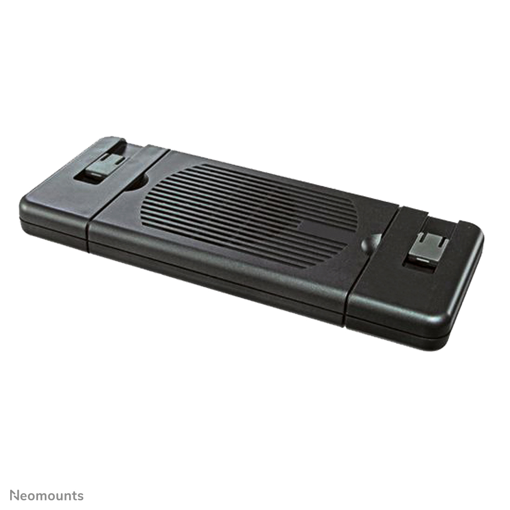 Appareil électronique rectangulaire noir avec aérations et clips.