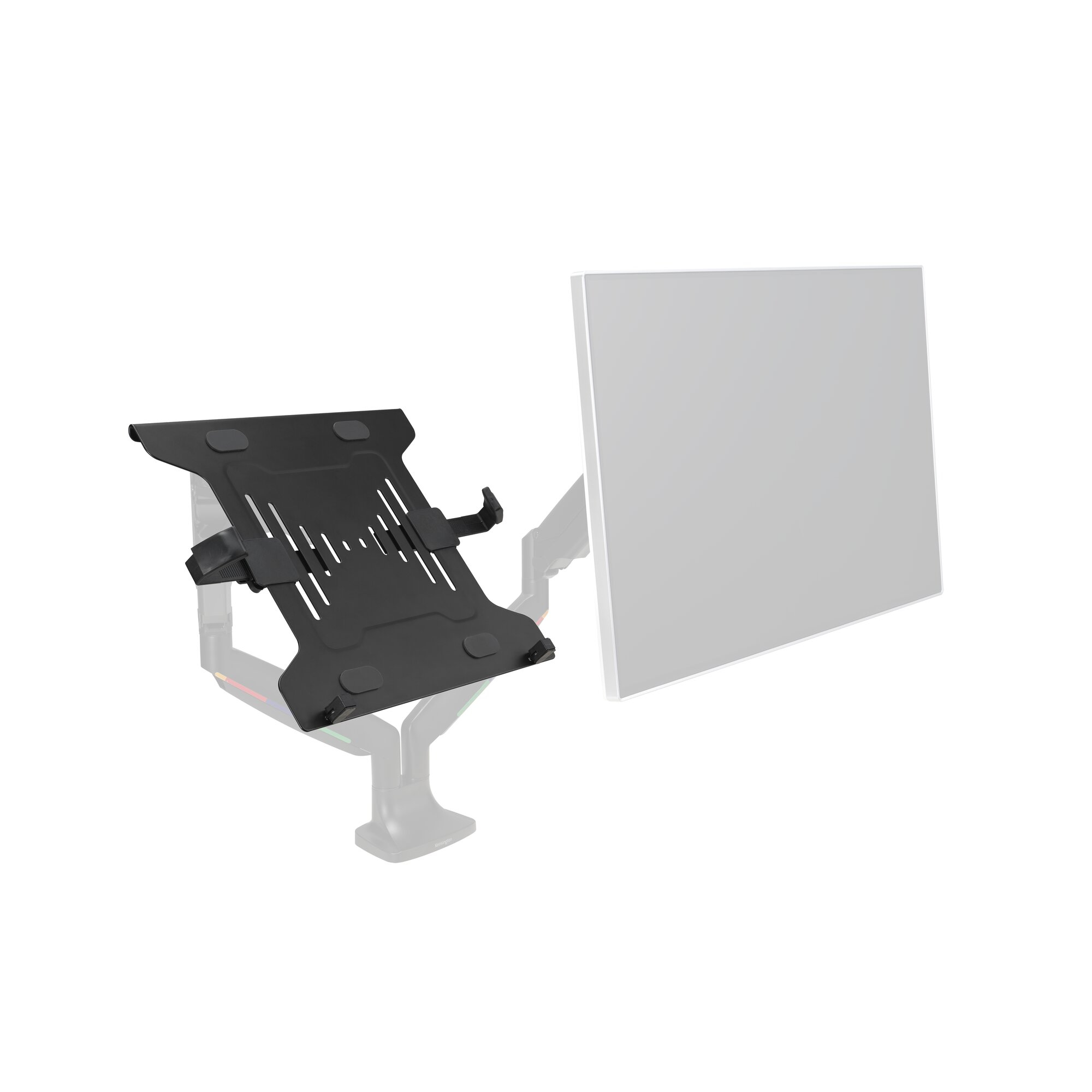 Black laptop stand on a monitor arm in front of a grey monitor.