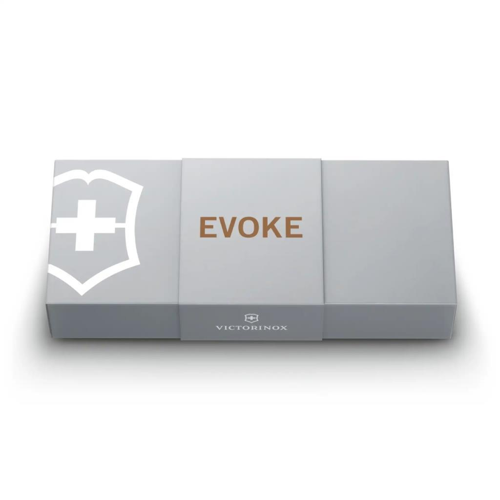 Beyaz kalkan ve haç, EVOKE yazısı ve Victorinox logosu olan gri kutu.