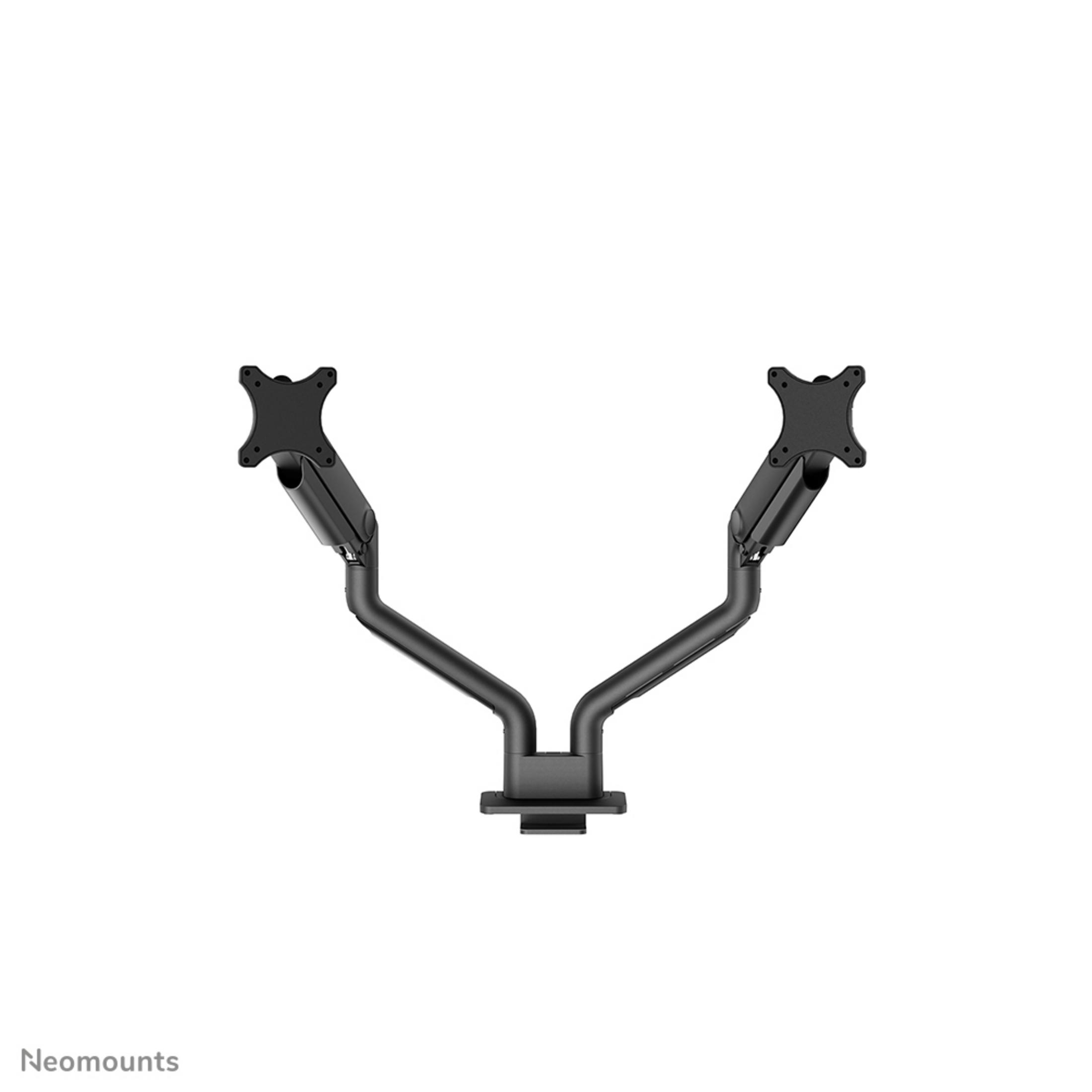 Dual monitor mount with two arms and VESA plates.