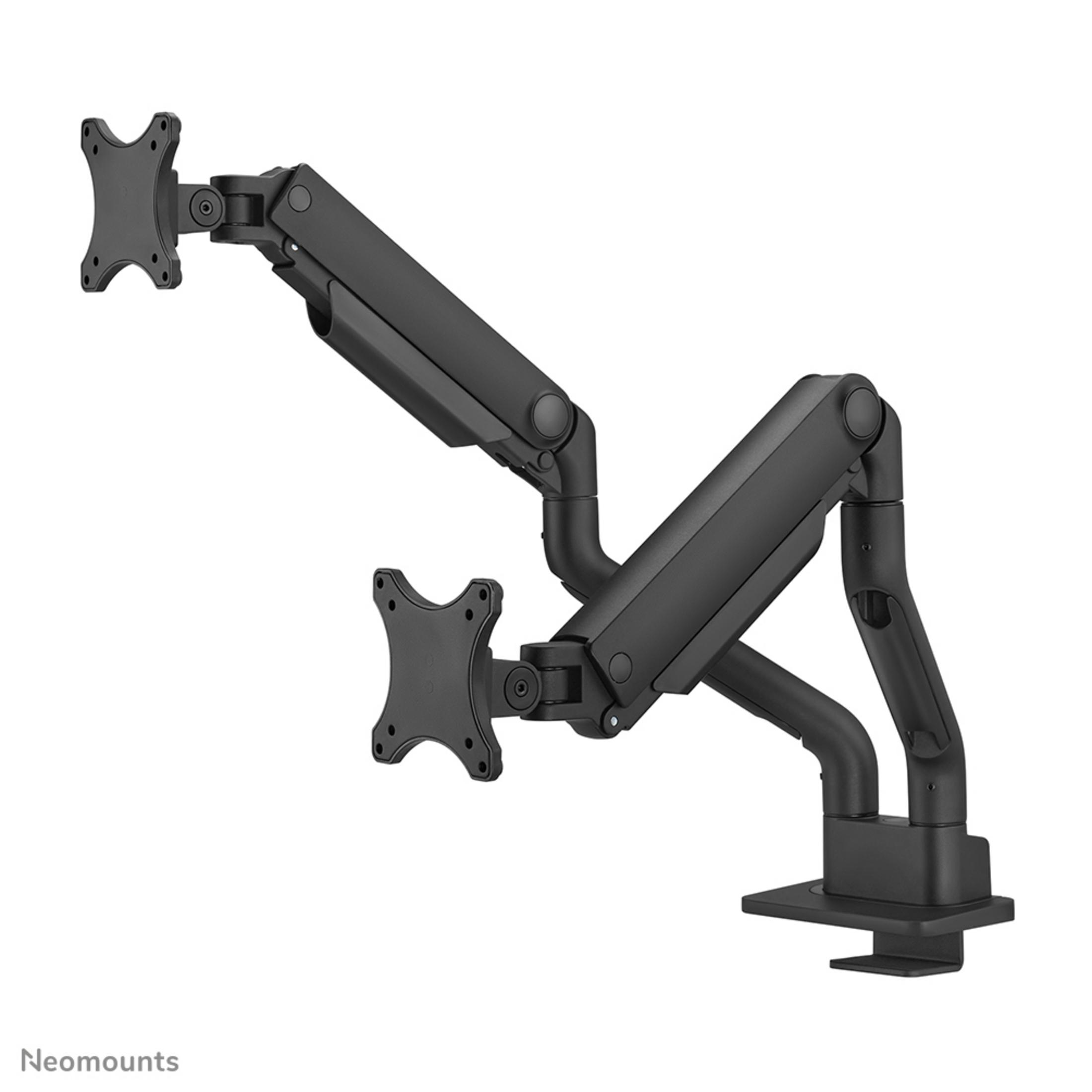 Black dual monitor arm with clamp base and two mounts on a white background.