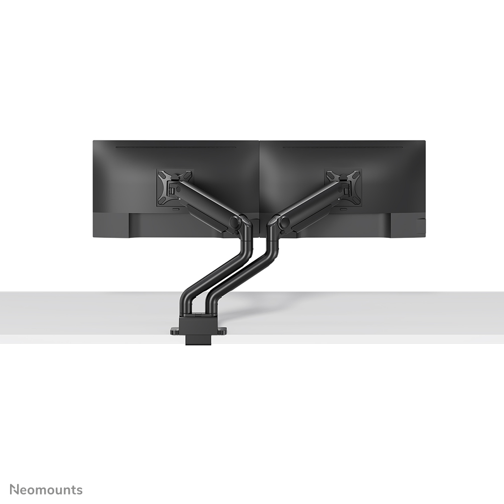 Two black monitors mounted on an adjustable desk arm on a white surface.
