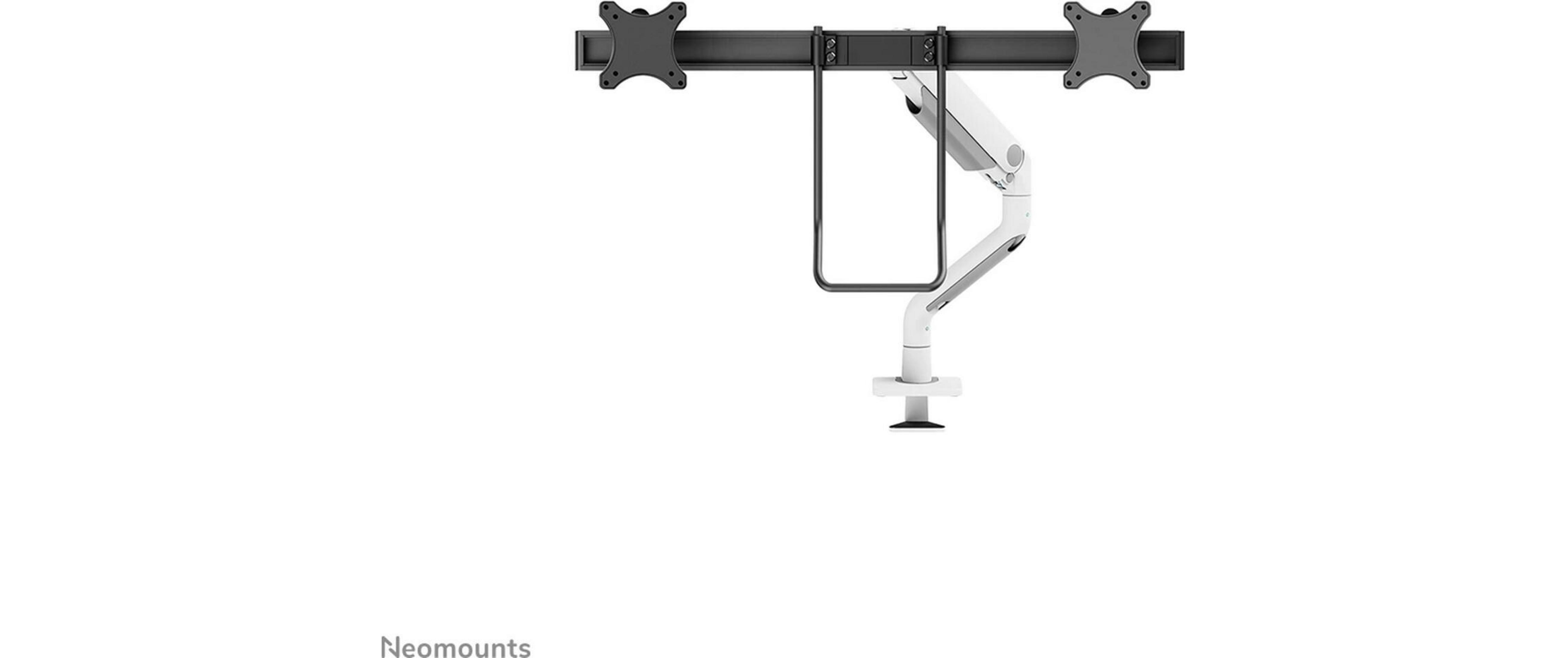Een witte bureauarm met twee zwarte monitorhouders, gemonteerd op een wit oppervlak.