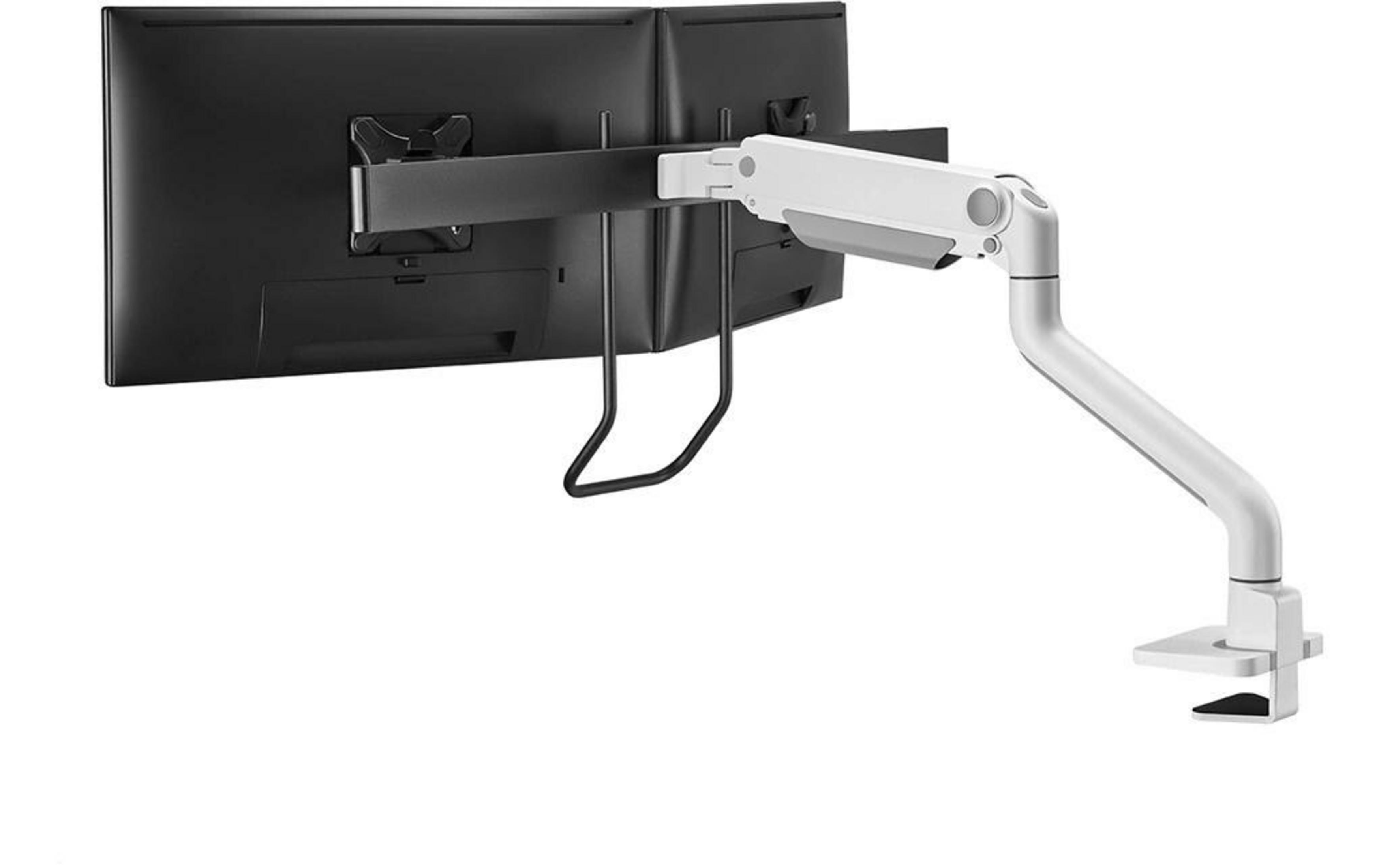 Twee zwarte monitoren vastgehouden door een witte arm die aan een bureau is geklemd.