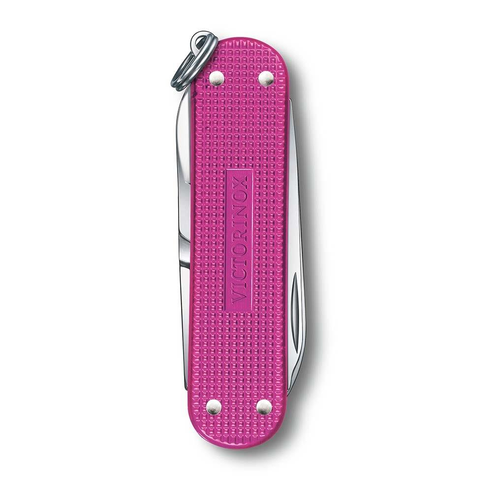 Gümüş anahtarlıklı kapalı, pembe Victorinox çakı.
