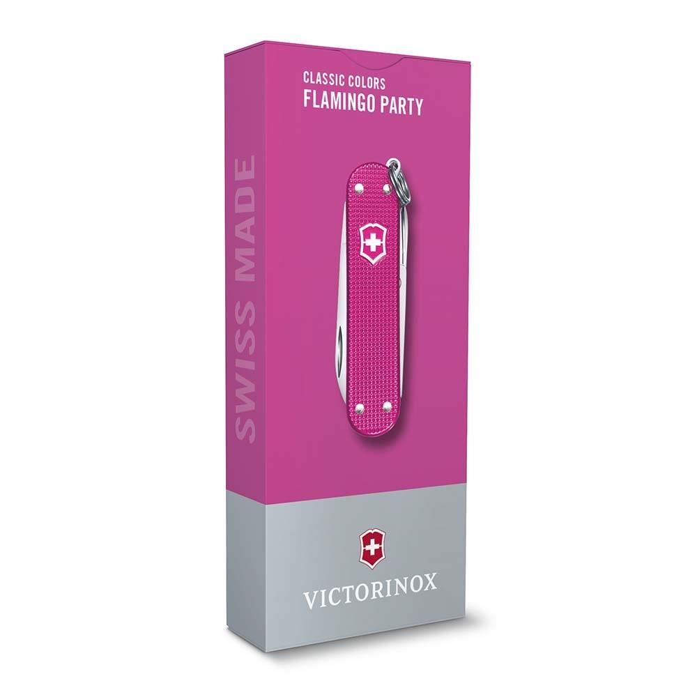 Swiss Made yazılı 'Flamingo Party' kutusunda pembe Victorinox İsviçre çakısı.