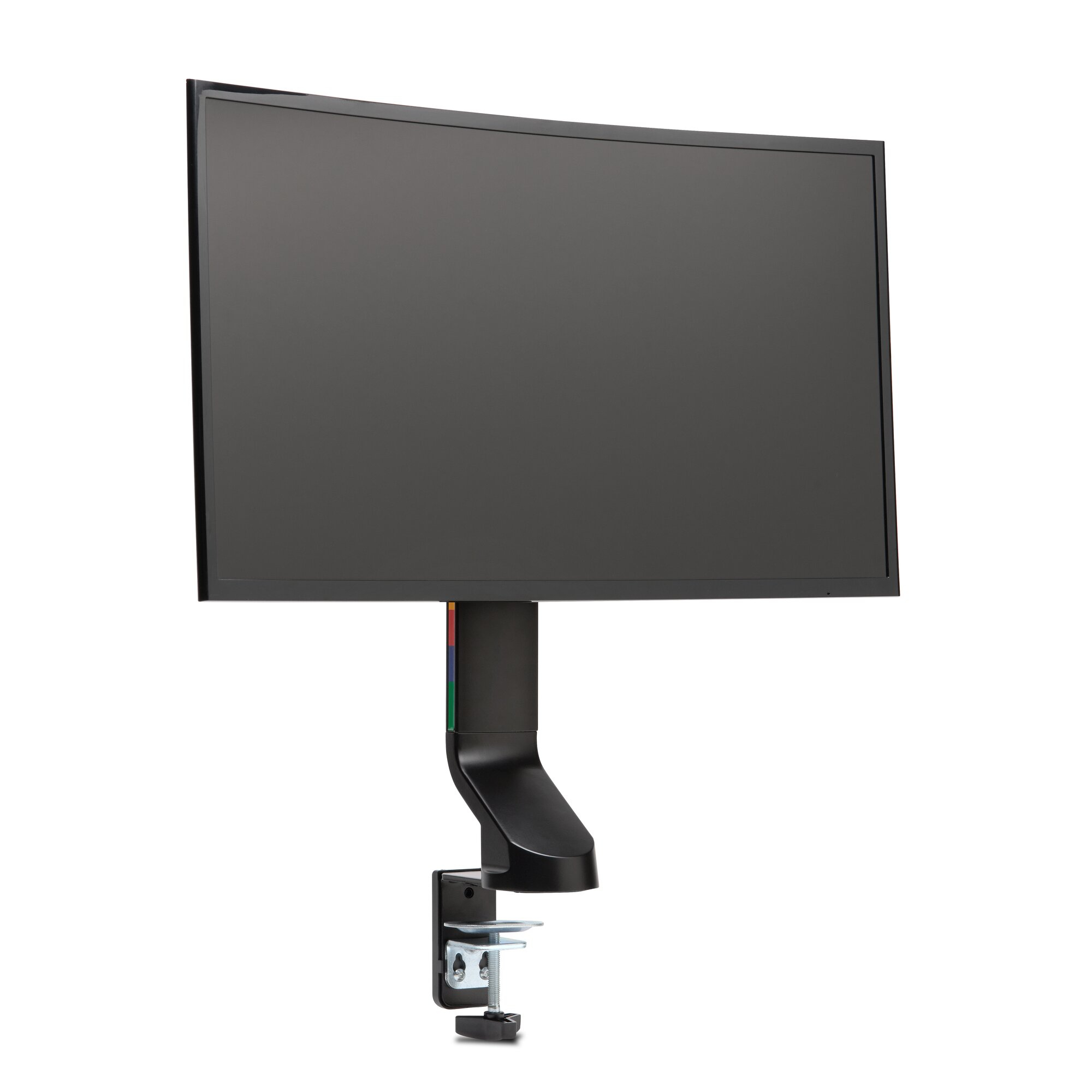 A curved black monitor mounted on a black adjustable arm with a clamp.