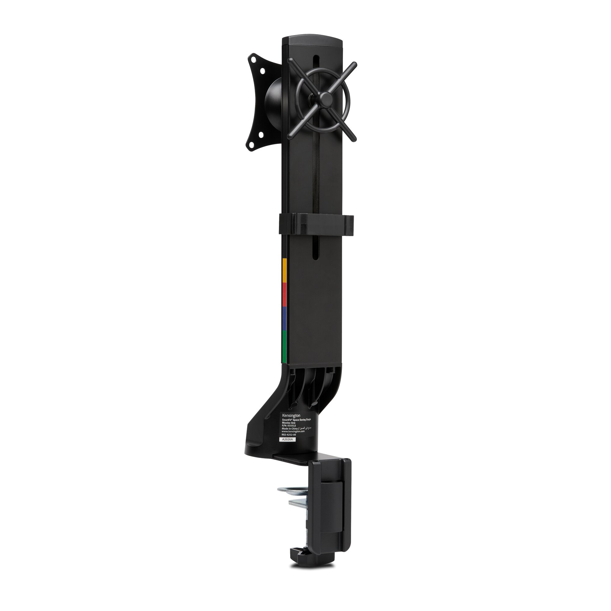 Black monitor arm with clamp and VESA mount. Kensington logo.