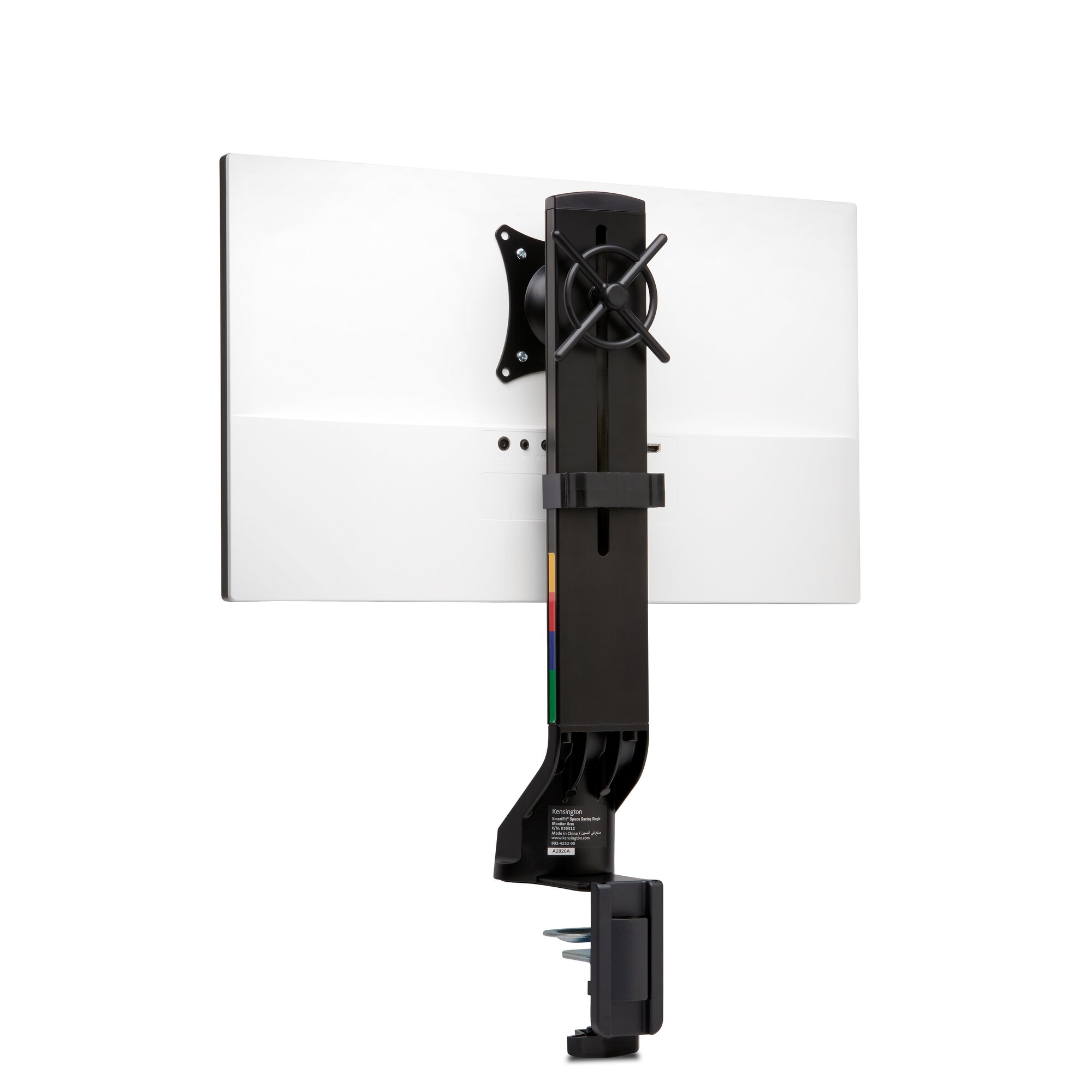A monitor arm with a black clamp base and a white monitor.