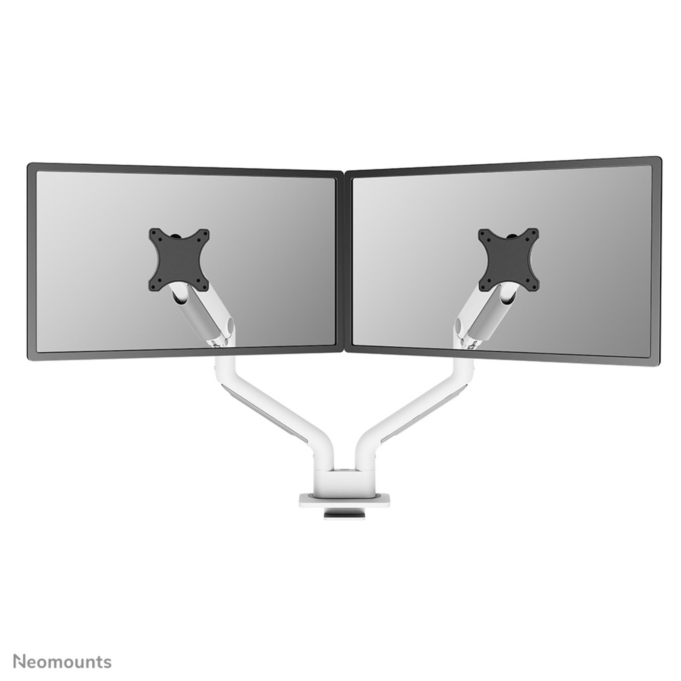 Twee monitoren op een witte dubbele monitorarm met zwarte VESA-houders.