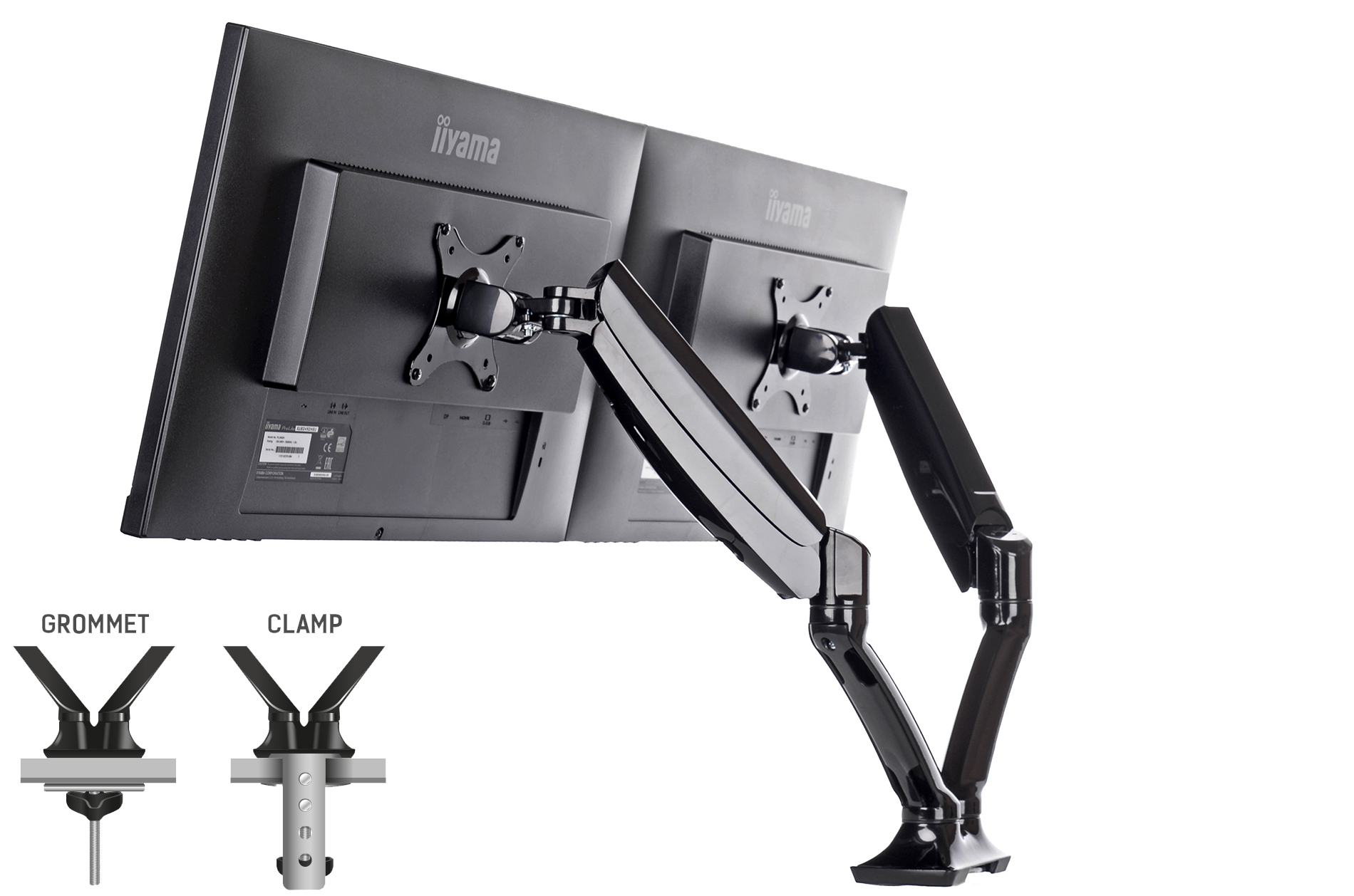 Deux moniteurs Iiyama noirs sur un support à double bras. Supports à œillet et à pince montrés.