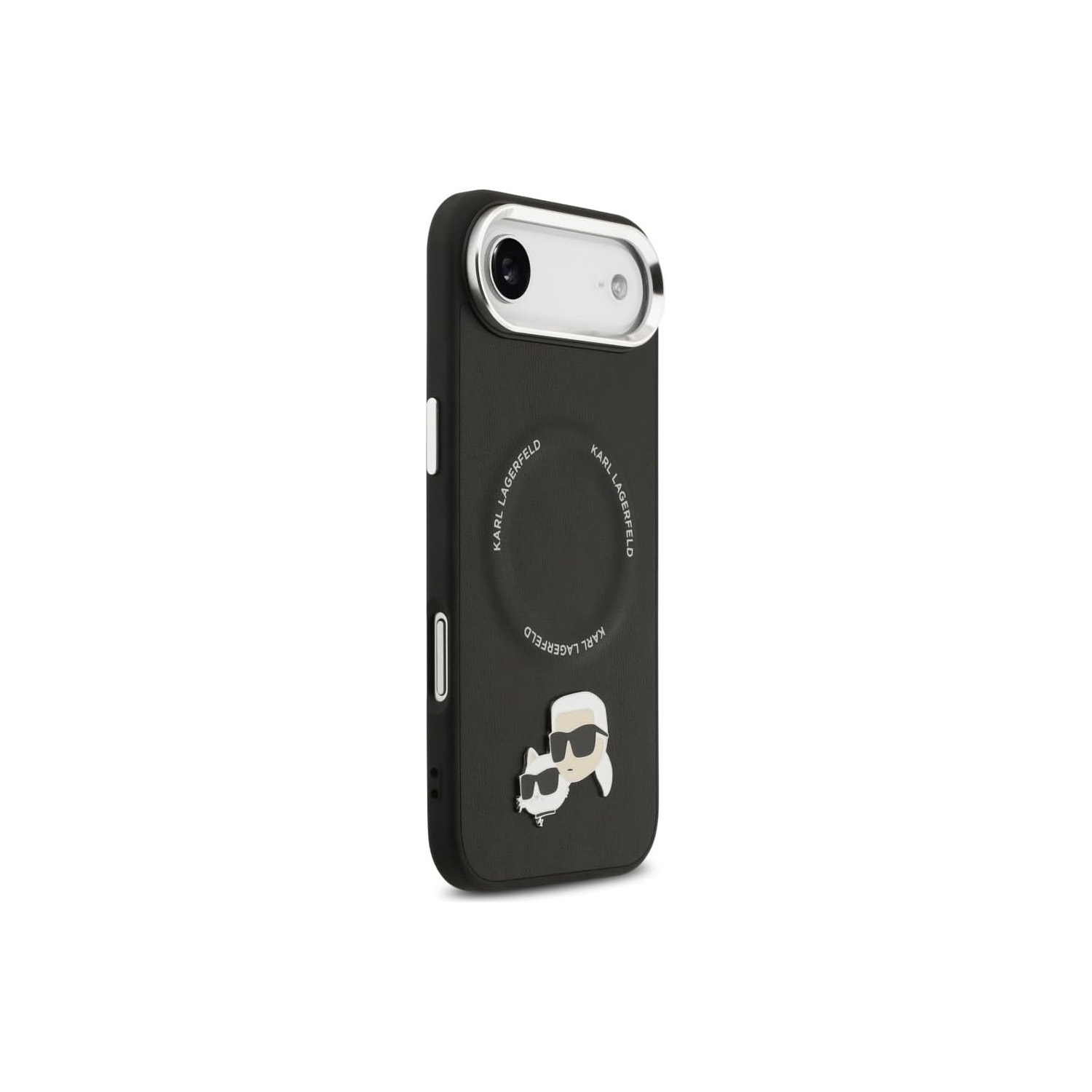 Custodia nera per telefono con logo Karl Lagerfeld e grafica di gatto.