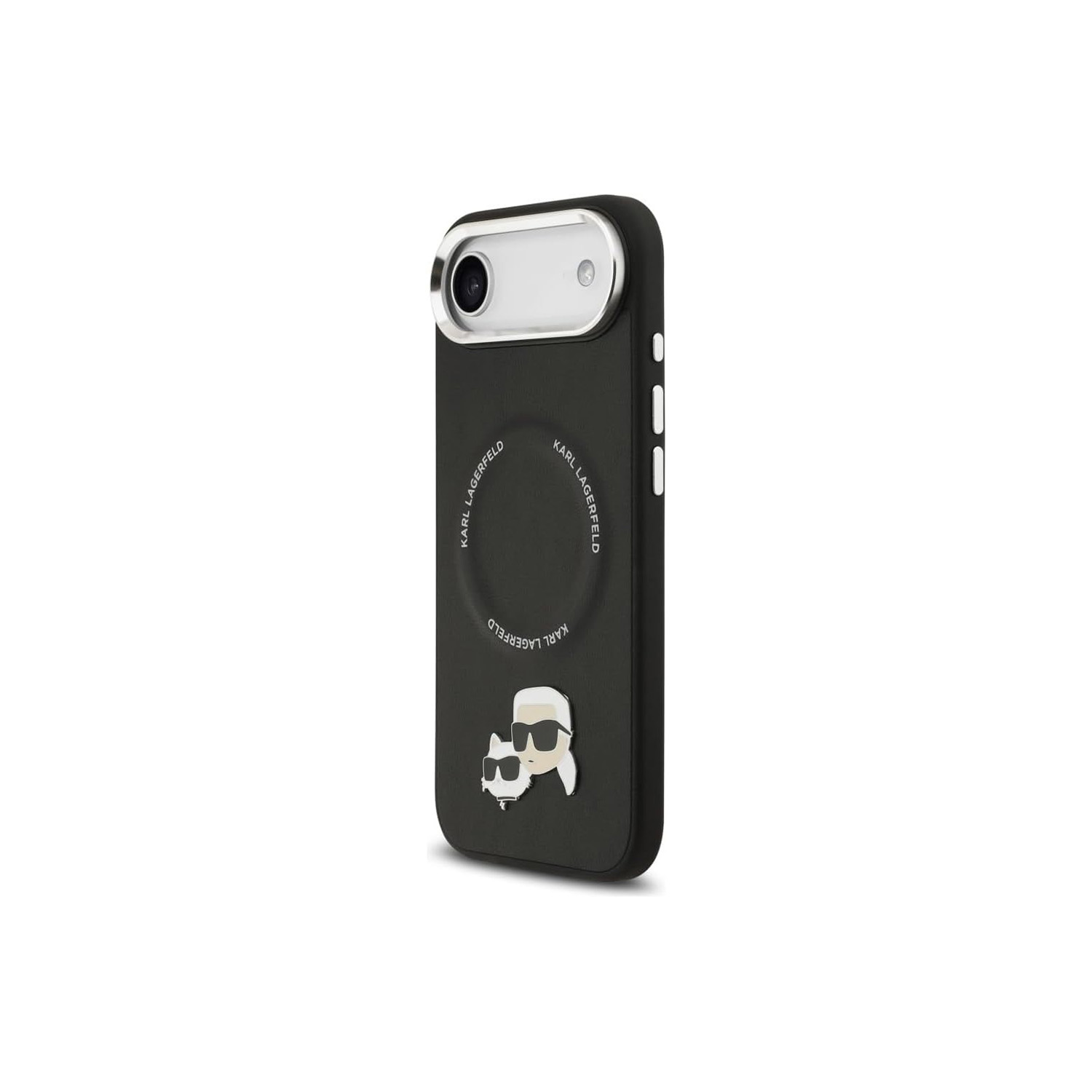 Cover nera Karl Lagerfeld con anello fotocamera argento e grafica iconica.