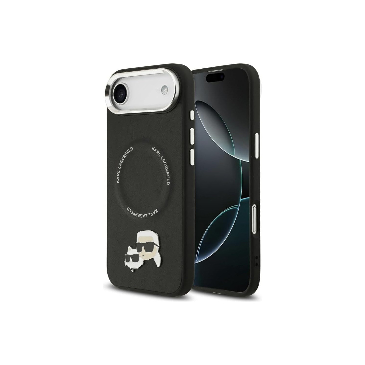 Una custodia nera Karl Lagerfeld per iPhone con due loghi di gatto e marchio circolare.