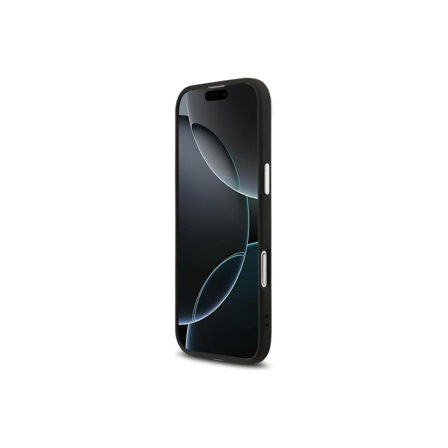 Uno smartphone nero con sfondo scuro è mostrato su sfondo bianco.
