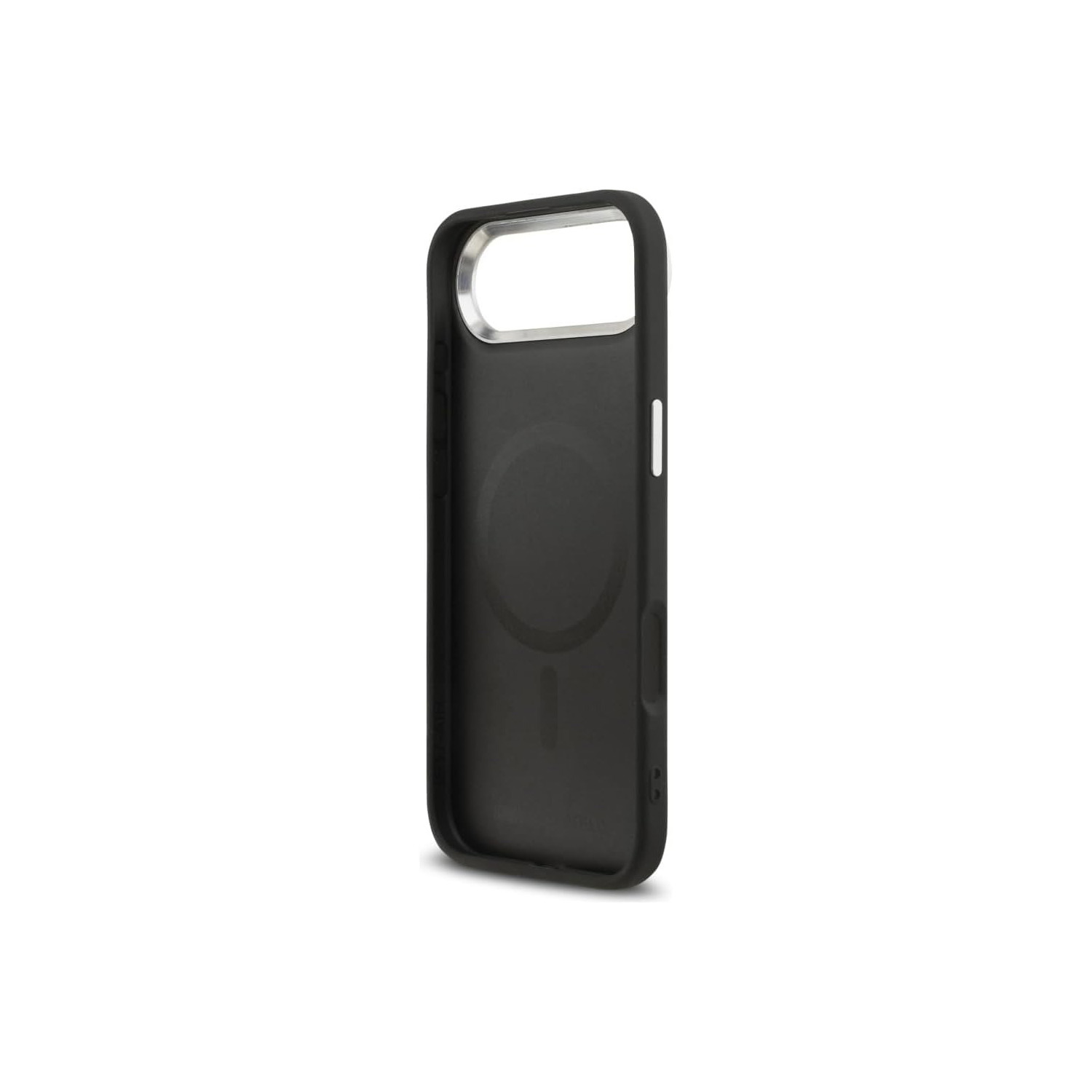 Una custodia nera per iPhone con bordo argentato e anello magnetico sul retro.
