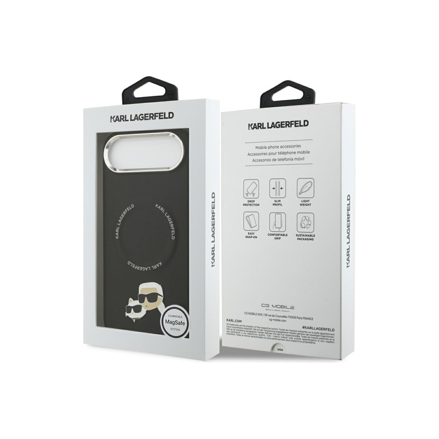 Custodia Karl Lagerfeld in confezione con simbolo MagSafe e icone.